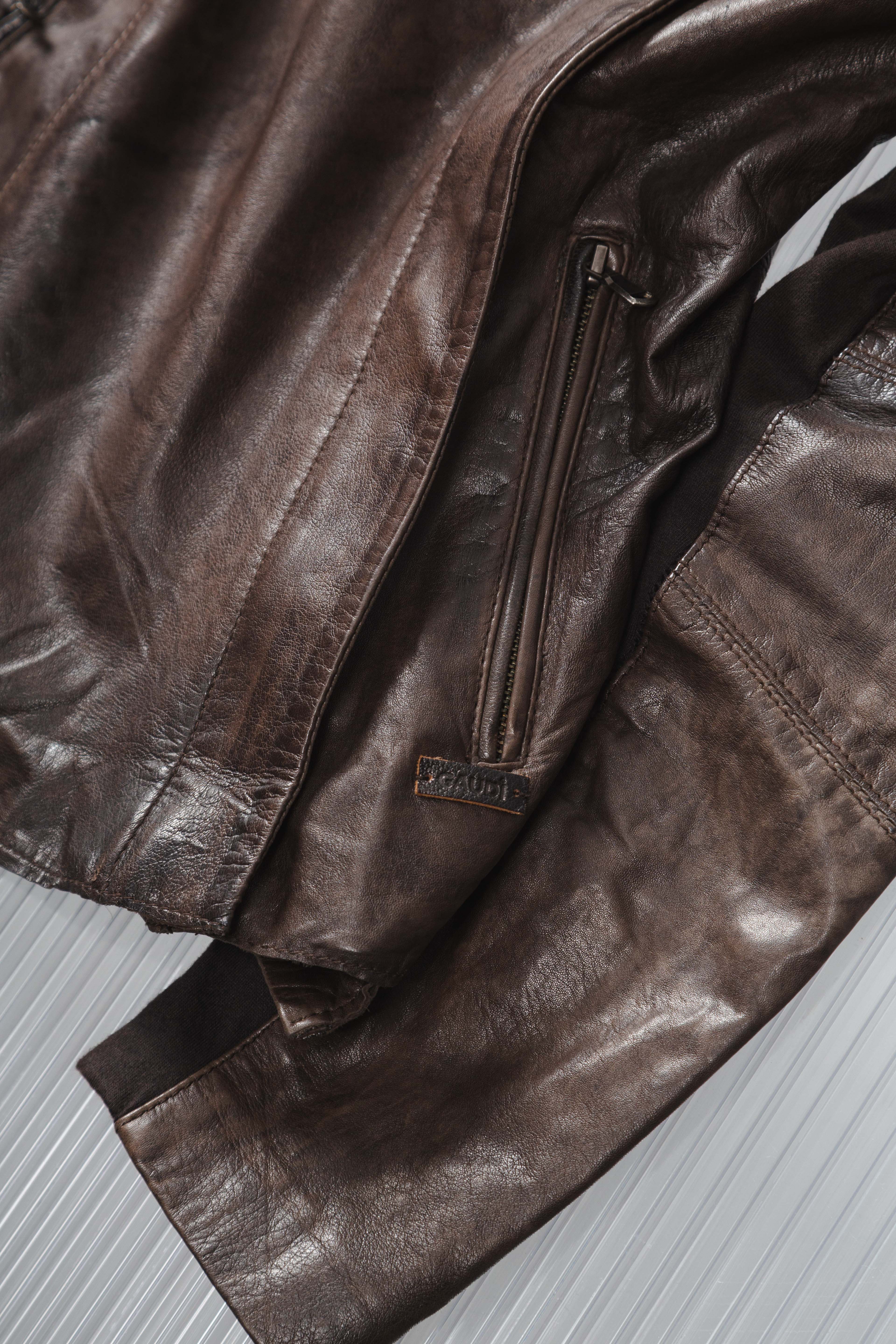 BROWN ASYMMETRIC DISTRESSED LEATHER JACKET