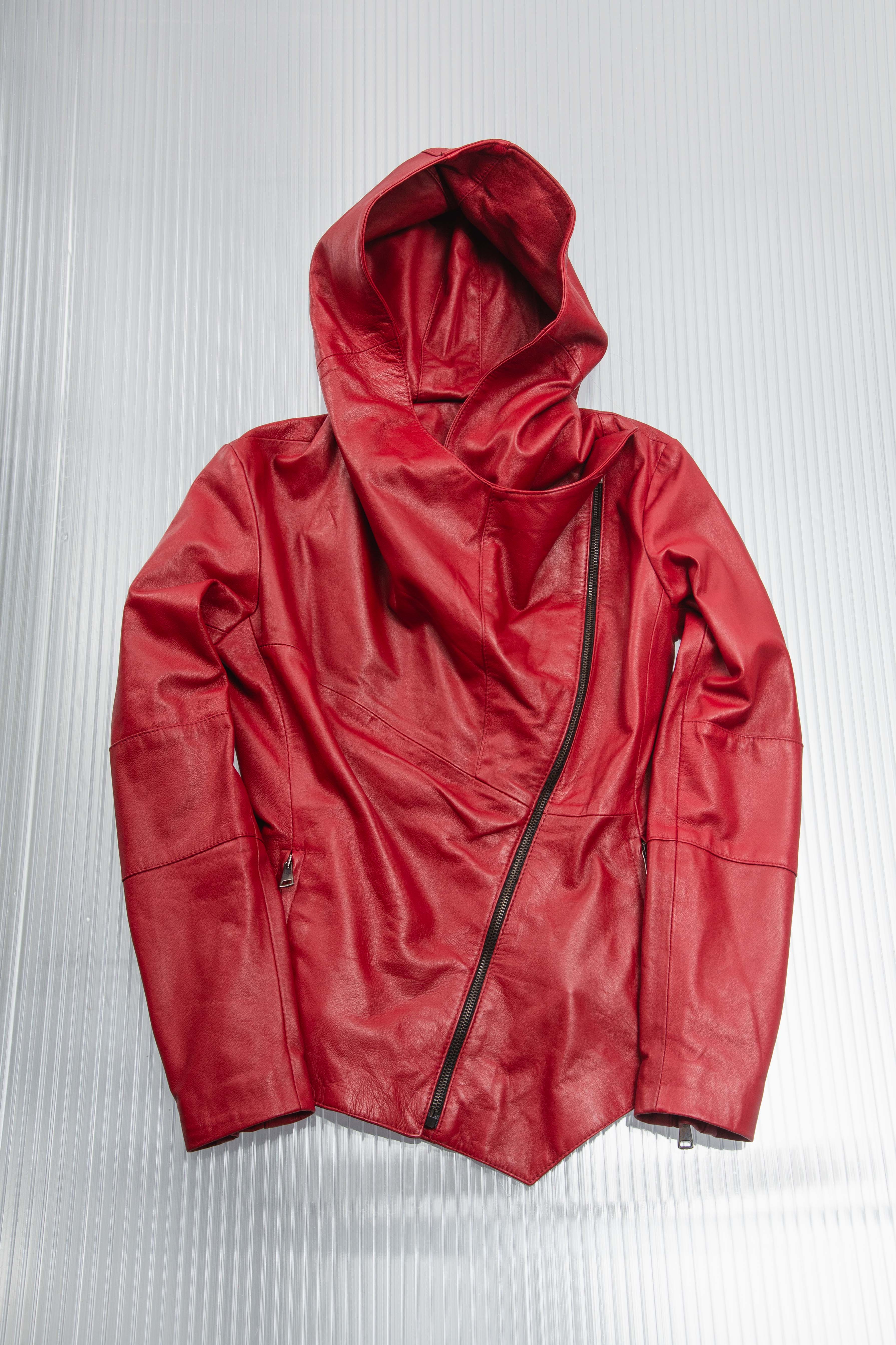 RED ASYMMETRIC DRAPED HODDED LEATHER JACKET