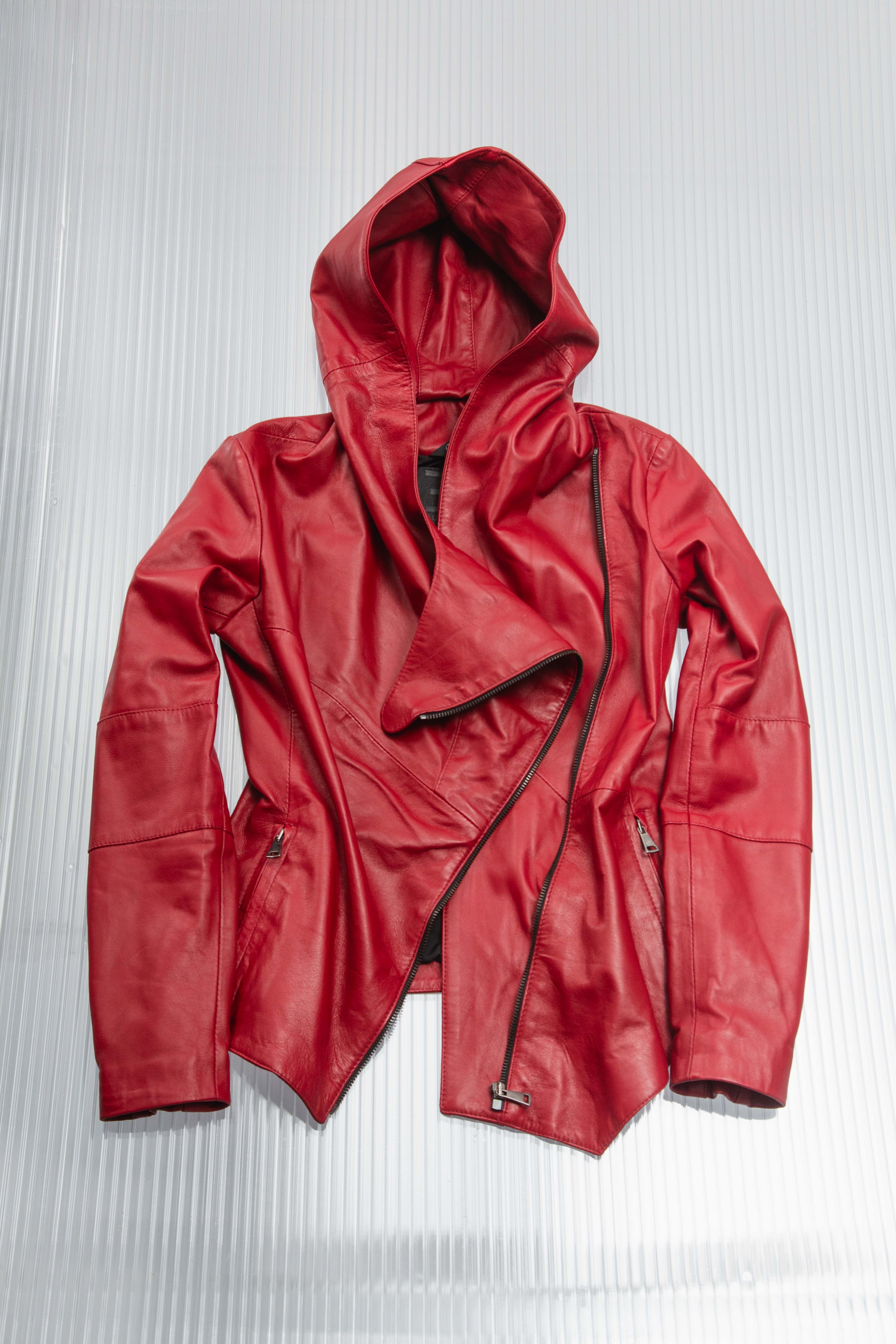 RED ASYMMETRIC DRAPED HODDED LEATHER JACKET