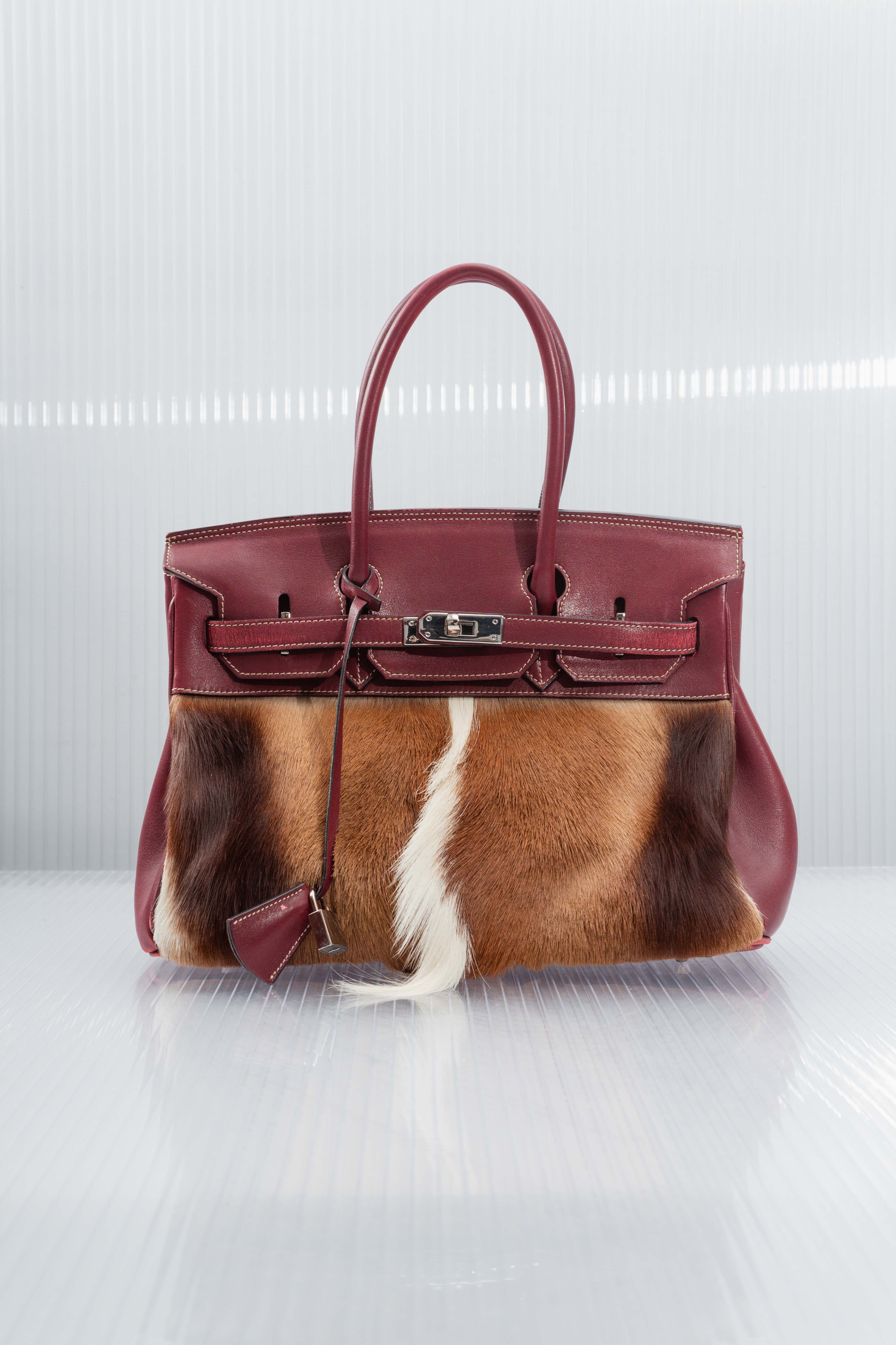 RED LEATHER FUR FIRKIN HANDBAG
