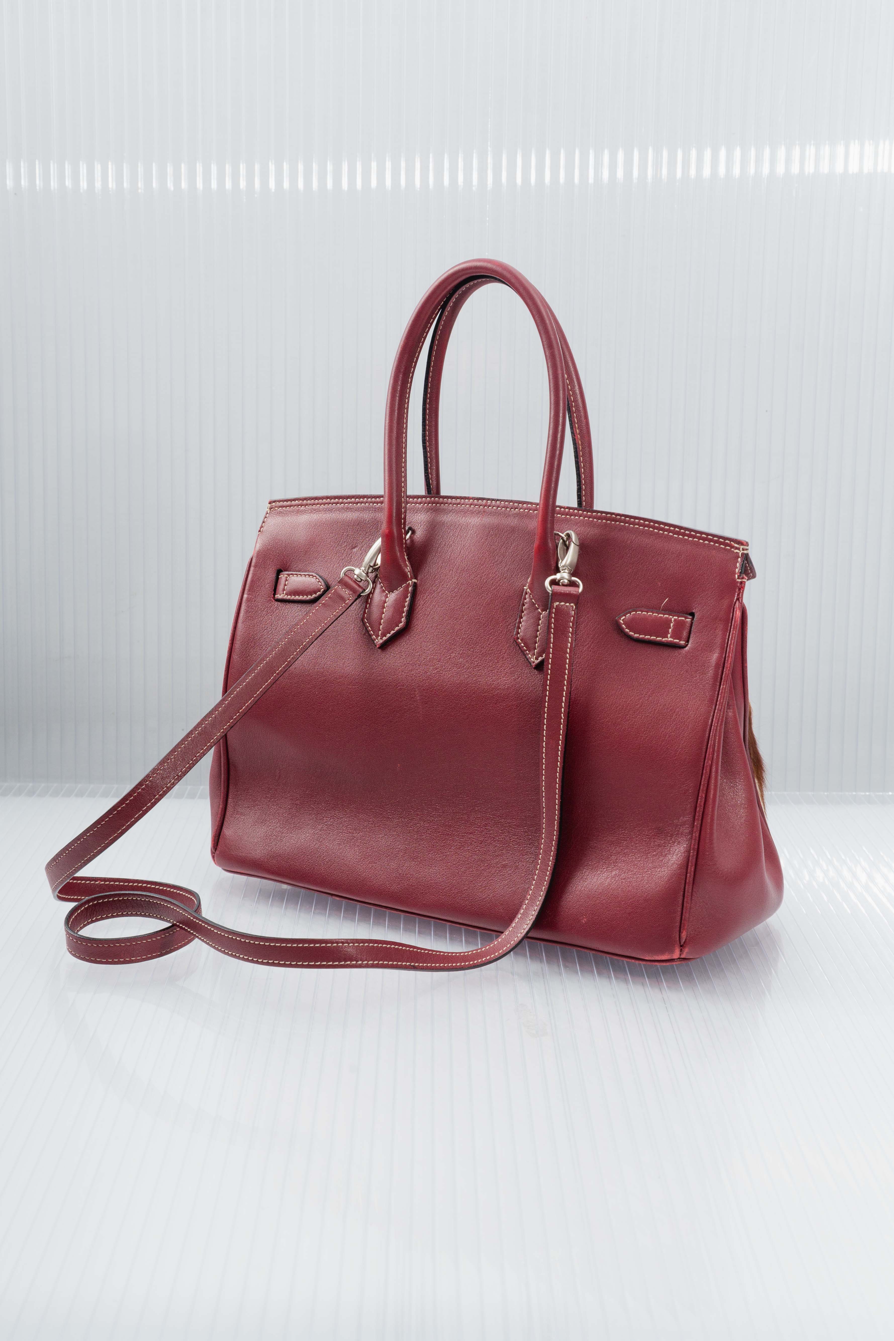RED LEATHER FUR FIRKIN HANDBAG