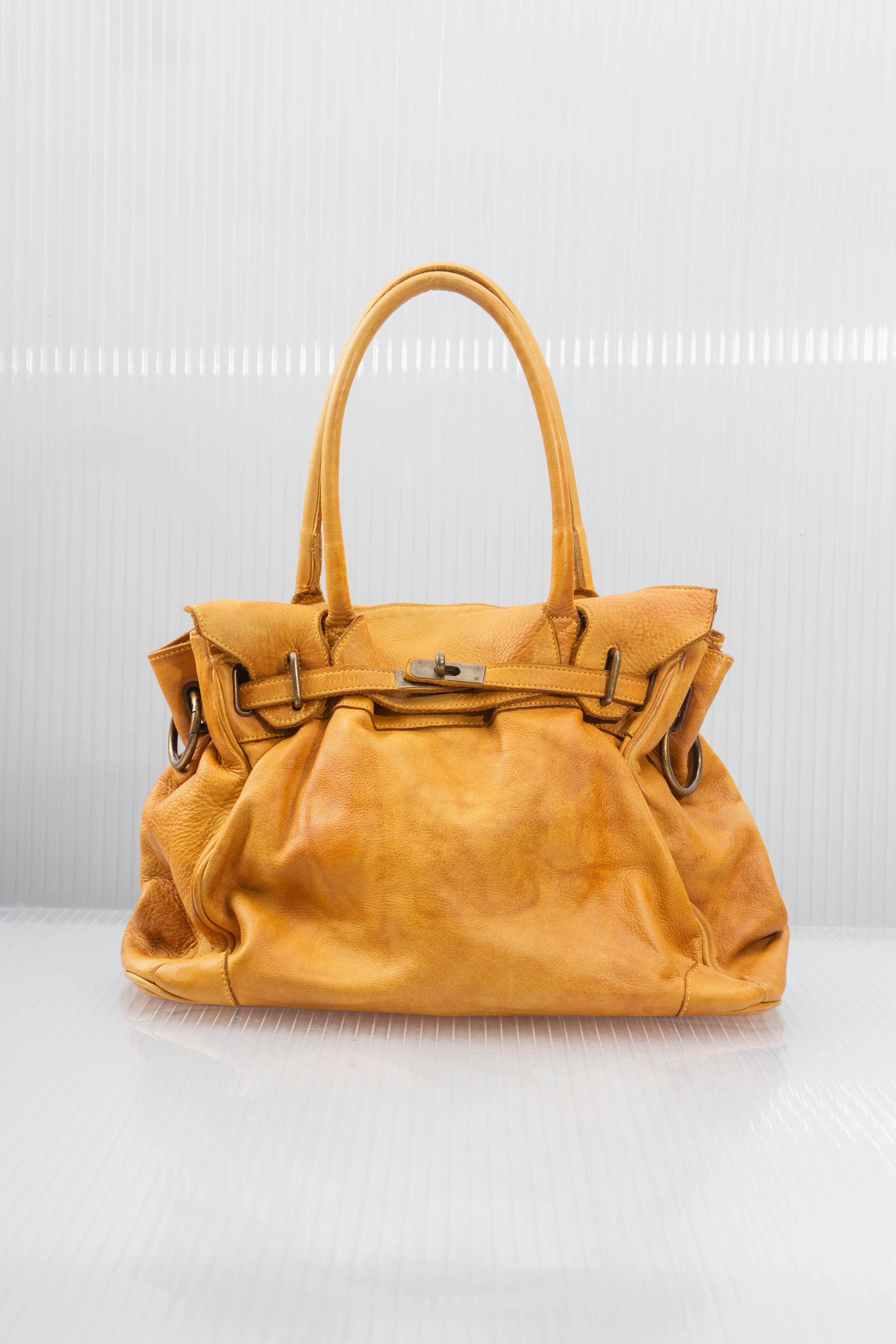 WASHED MUSTARD FIRKIN LEATHER HANDBAG