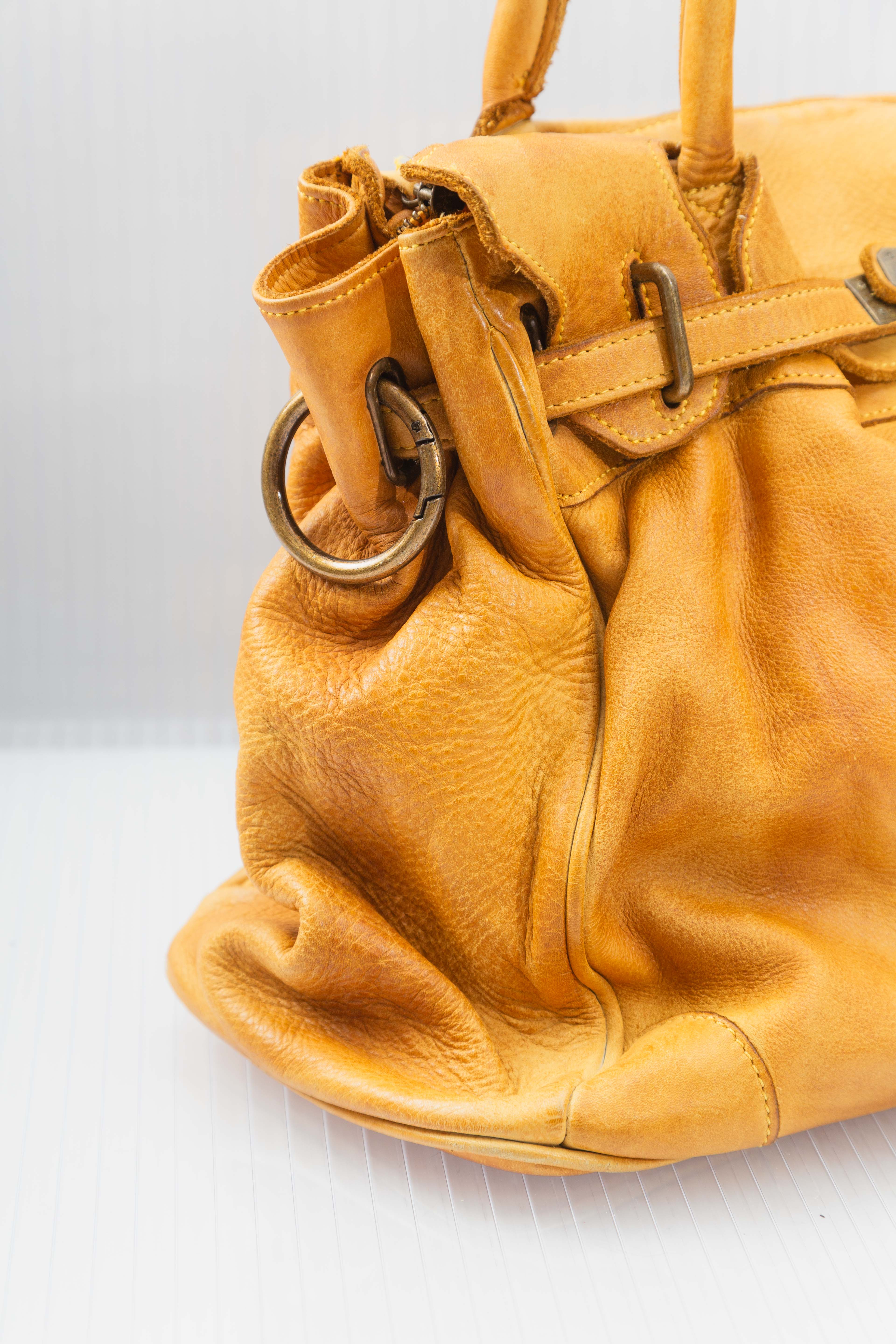WASHED MUSTARD FIRKIN LEATHER HANDBAG