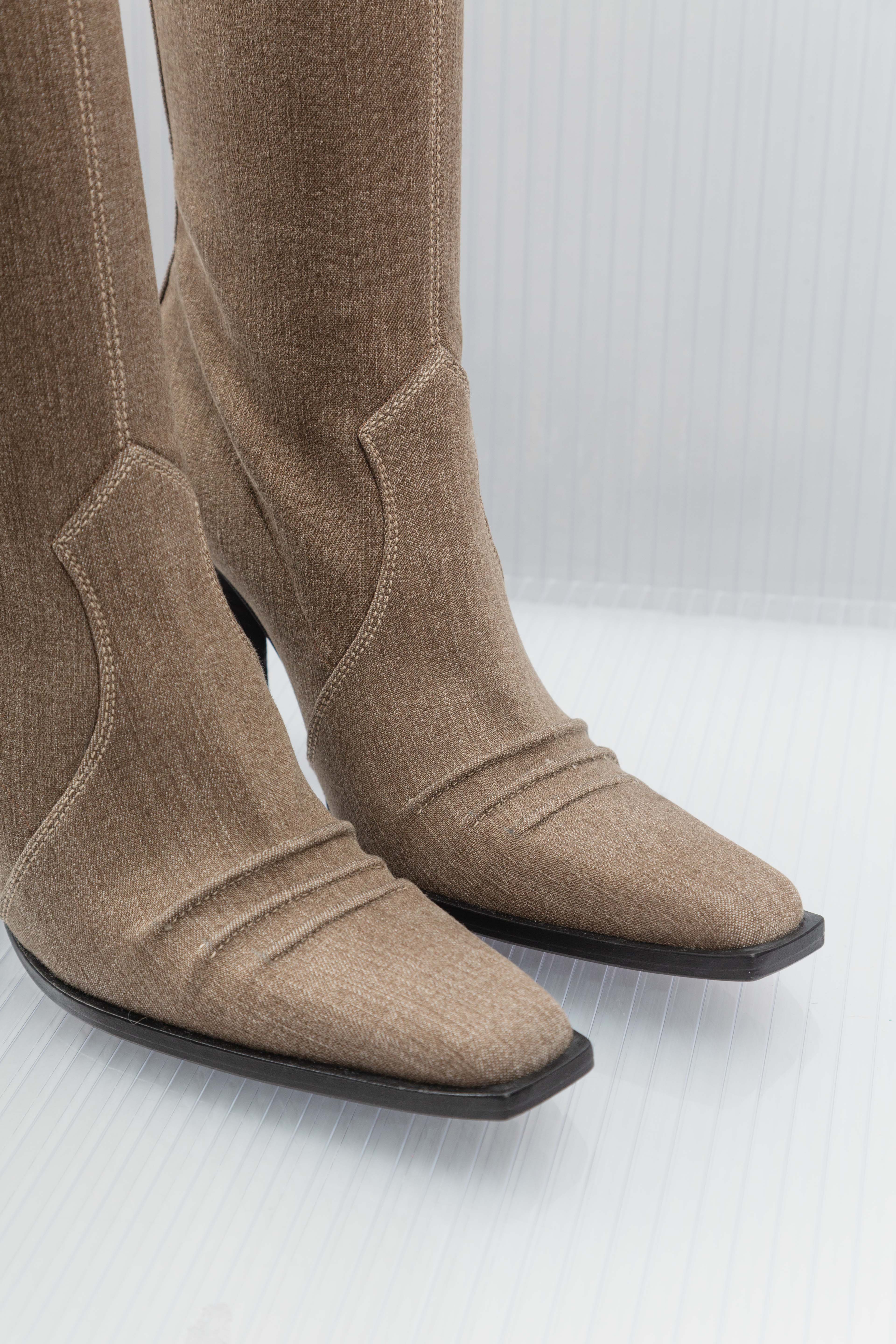 PLEIN SUD TAN DENIM HEELS KNEE BOOTS