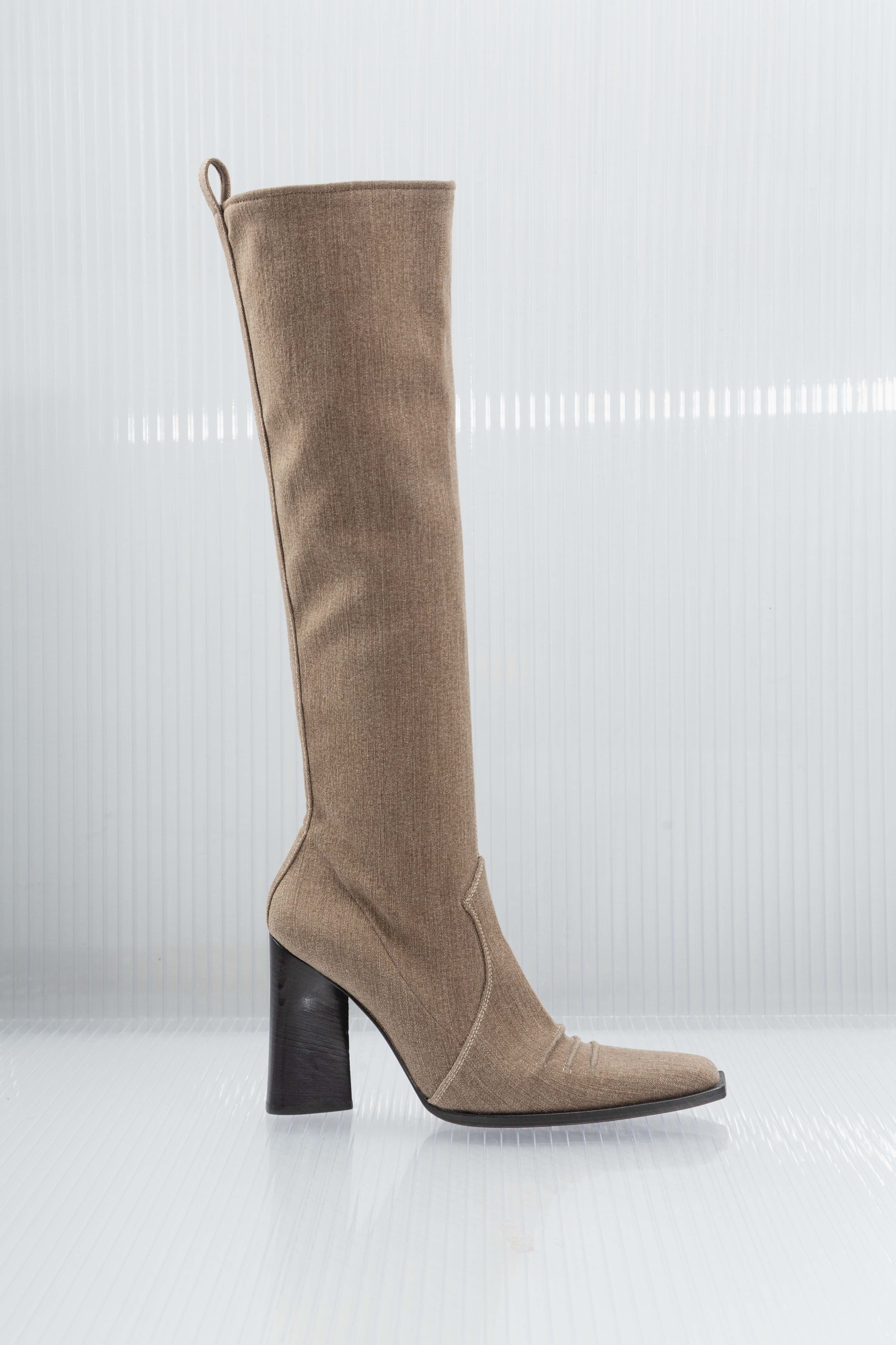 PLEIN SUD TAN DENIM HEELS KNEE BOOTS