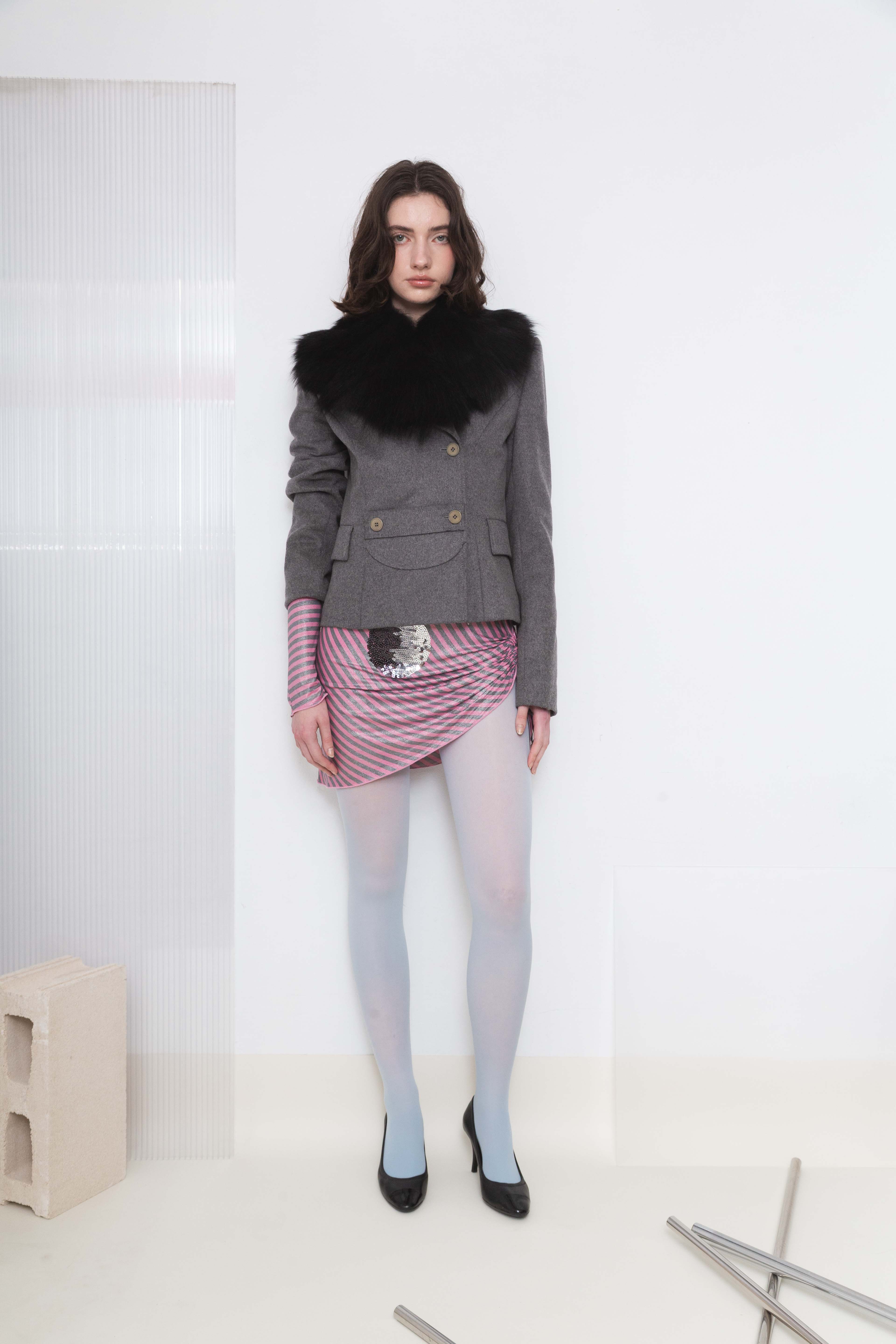 WOOL AND FUR DOUBLE NECKLINE COAT