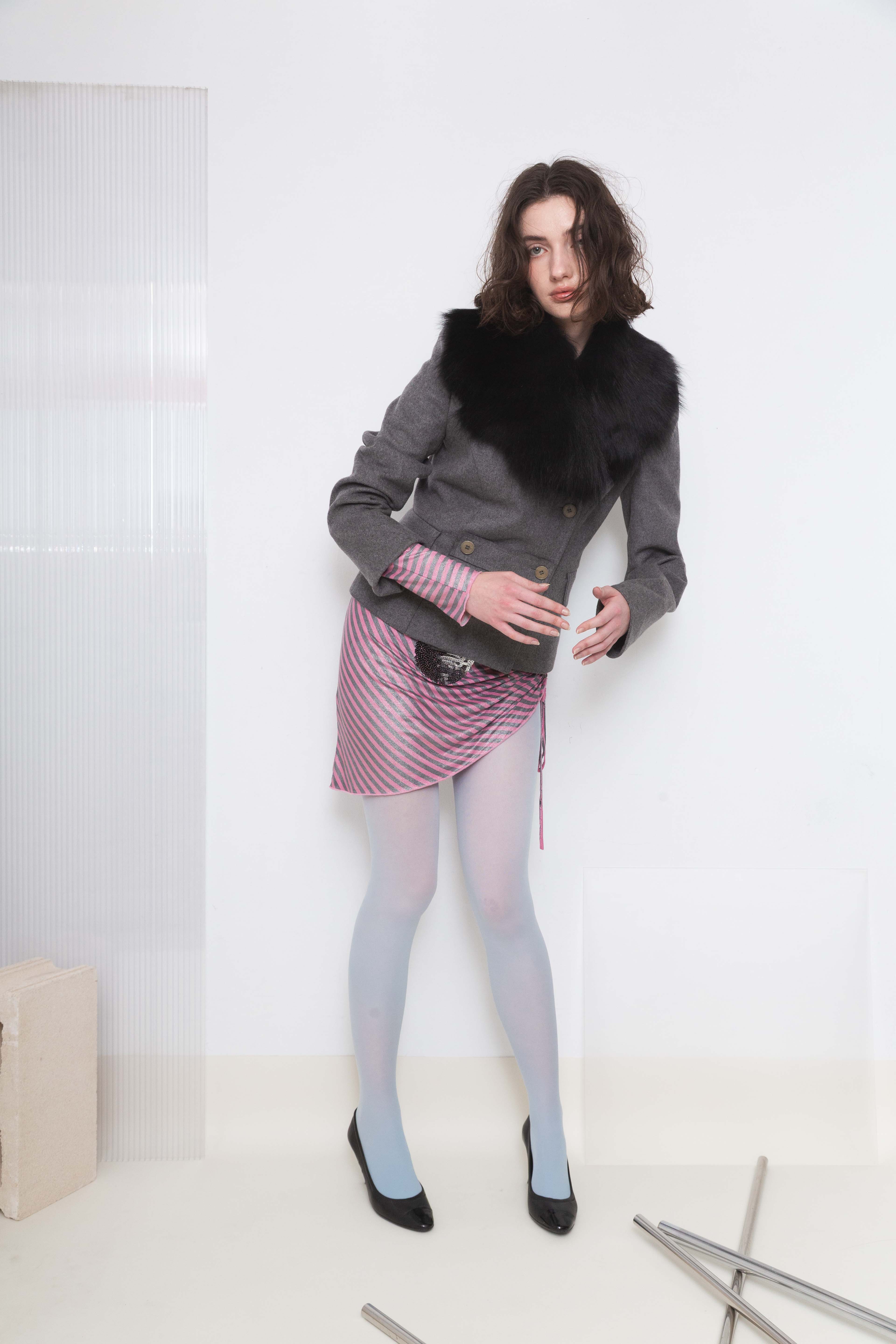 WOOL AND FUR DOUBLE NECKLINE COAT