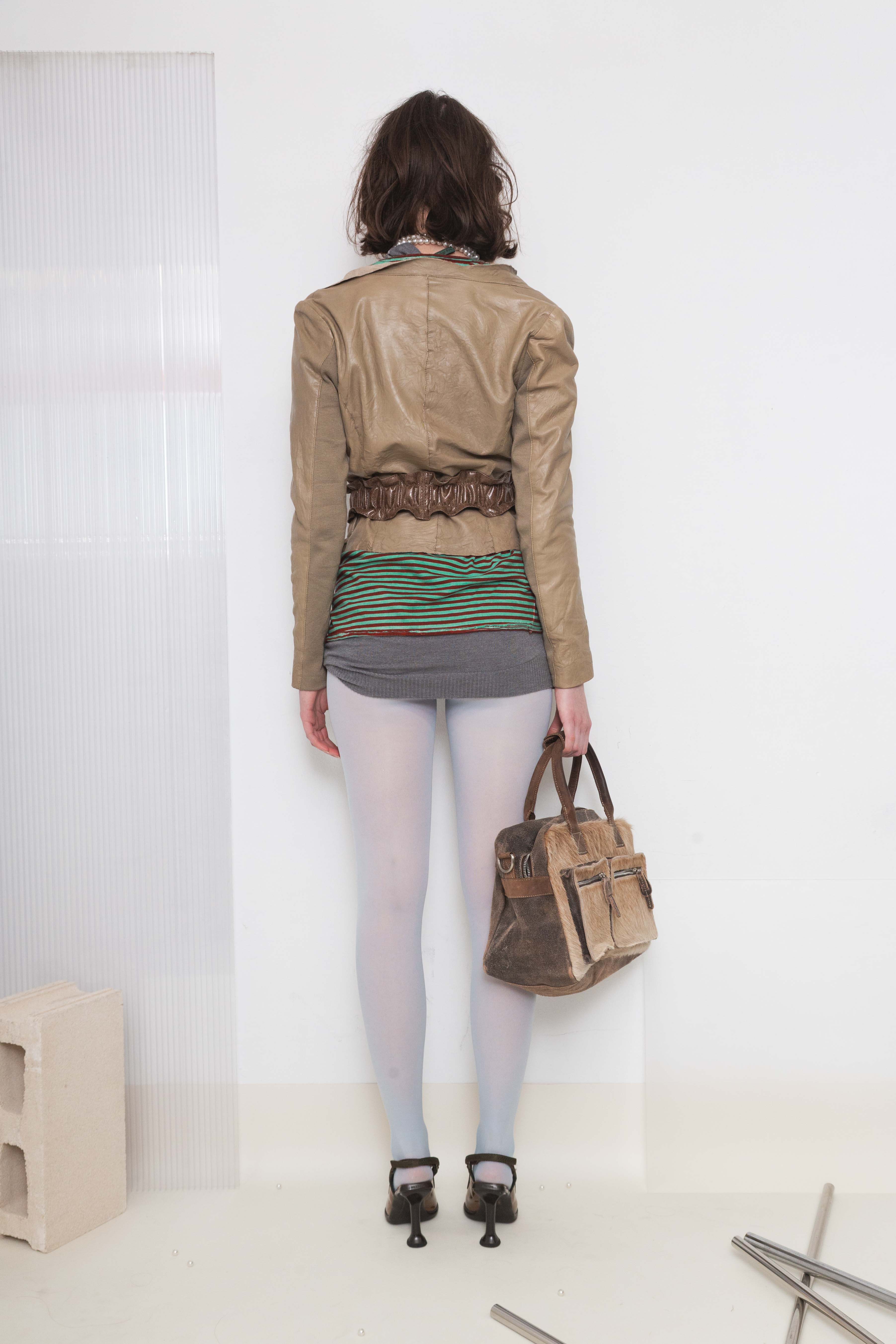ECRU CRINKLED ASYMMETRICAL LEATHER JACKET