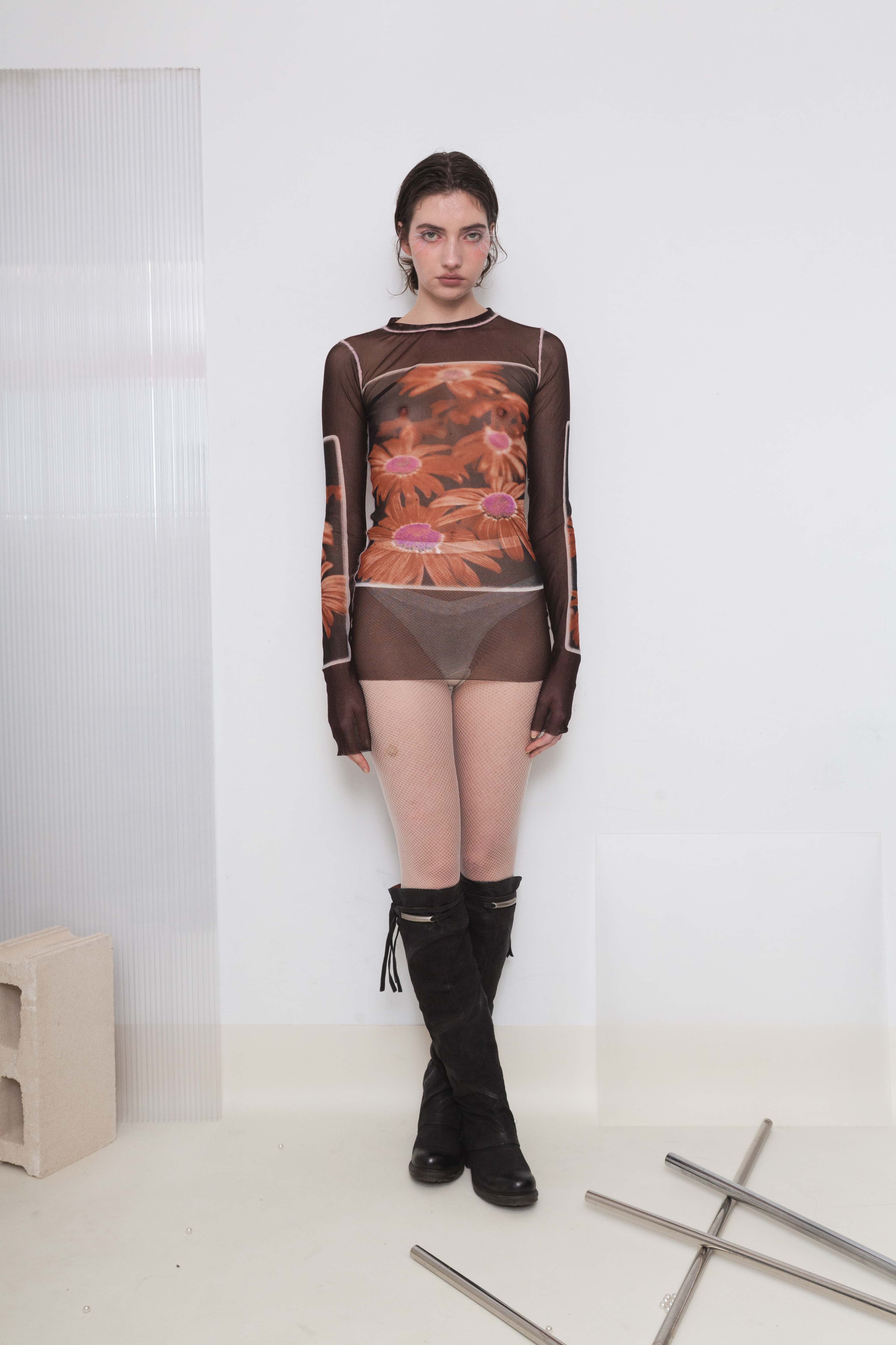 JEAN PAUL GUALTIER 90'S TRICOLOR FLORAL MESH LONG TOP