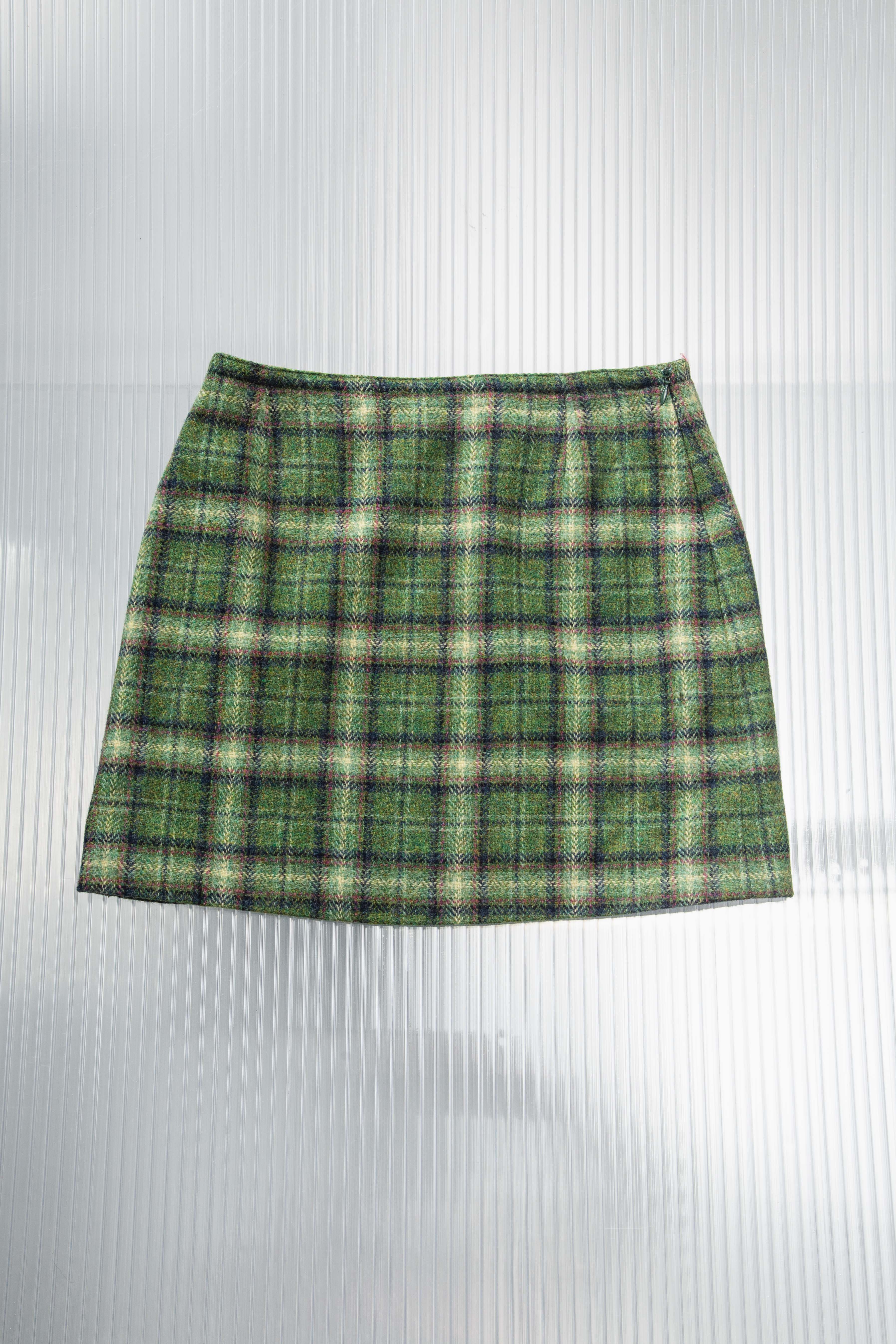 GREEN WOOL PLAID MINI SKIRT