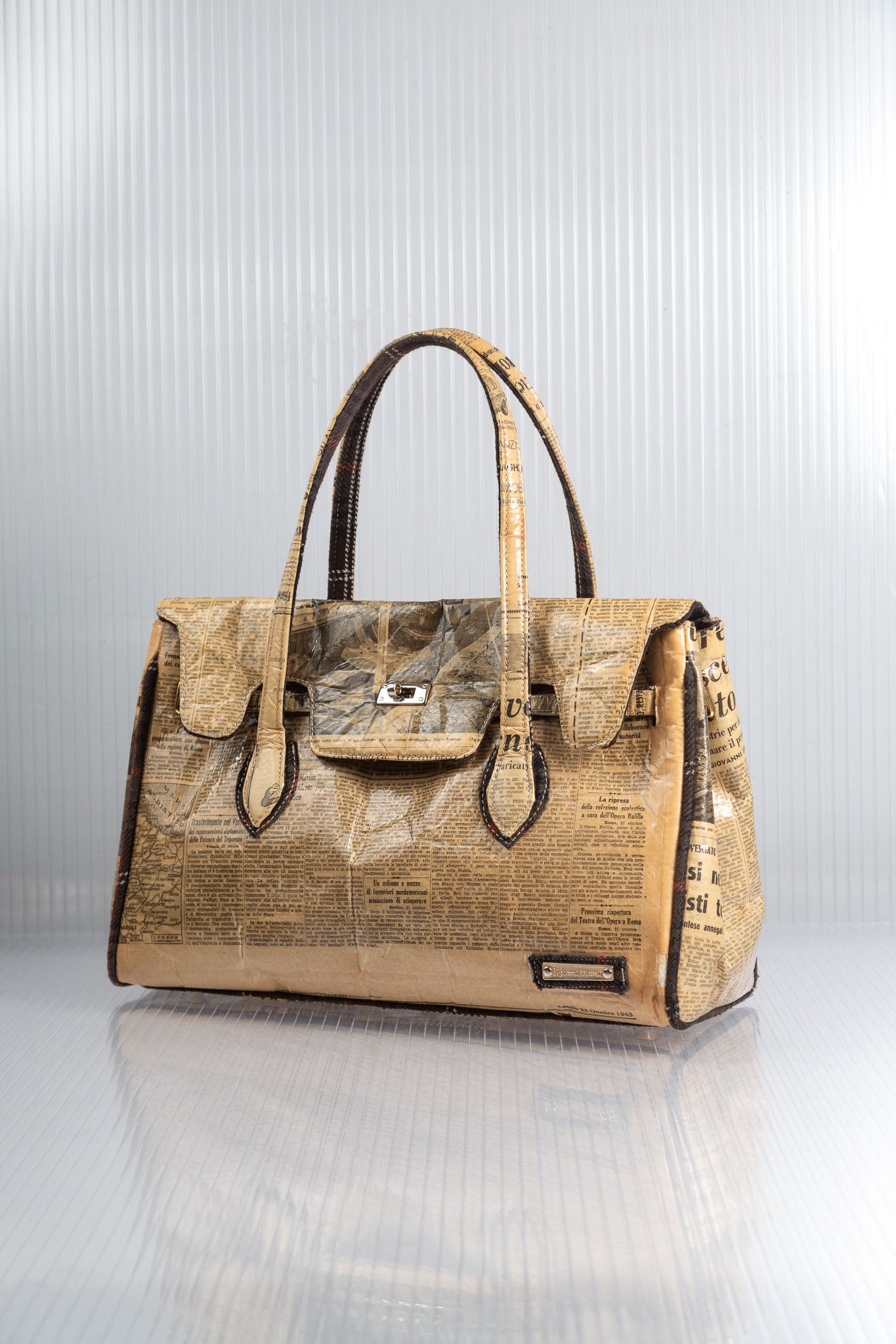 NEWSPAPER SEPIA FIRKIN HANDBAG