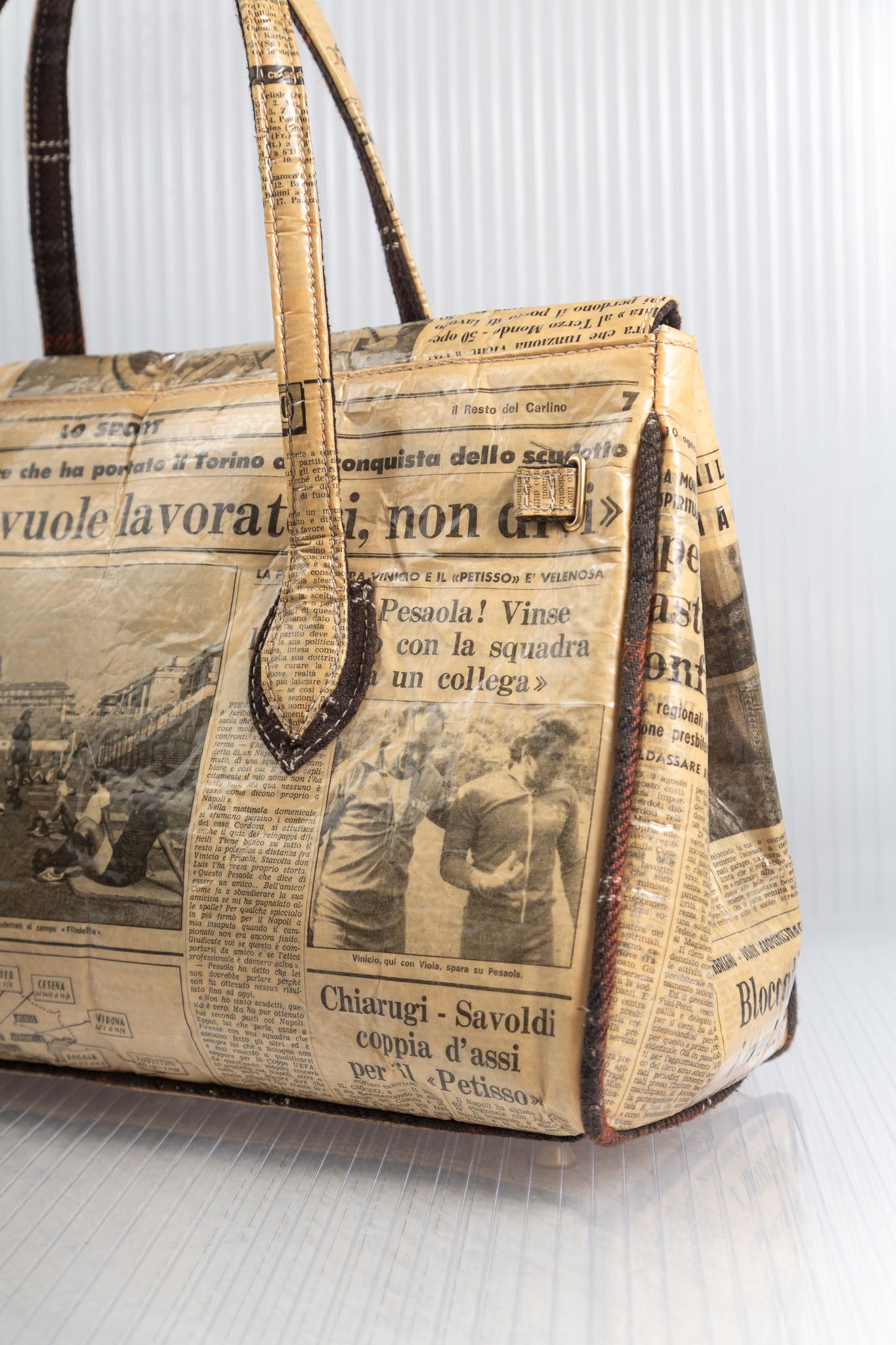 NEWSPAPER SEPIA FIRKIN HANDBAG