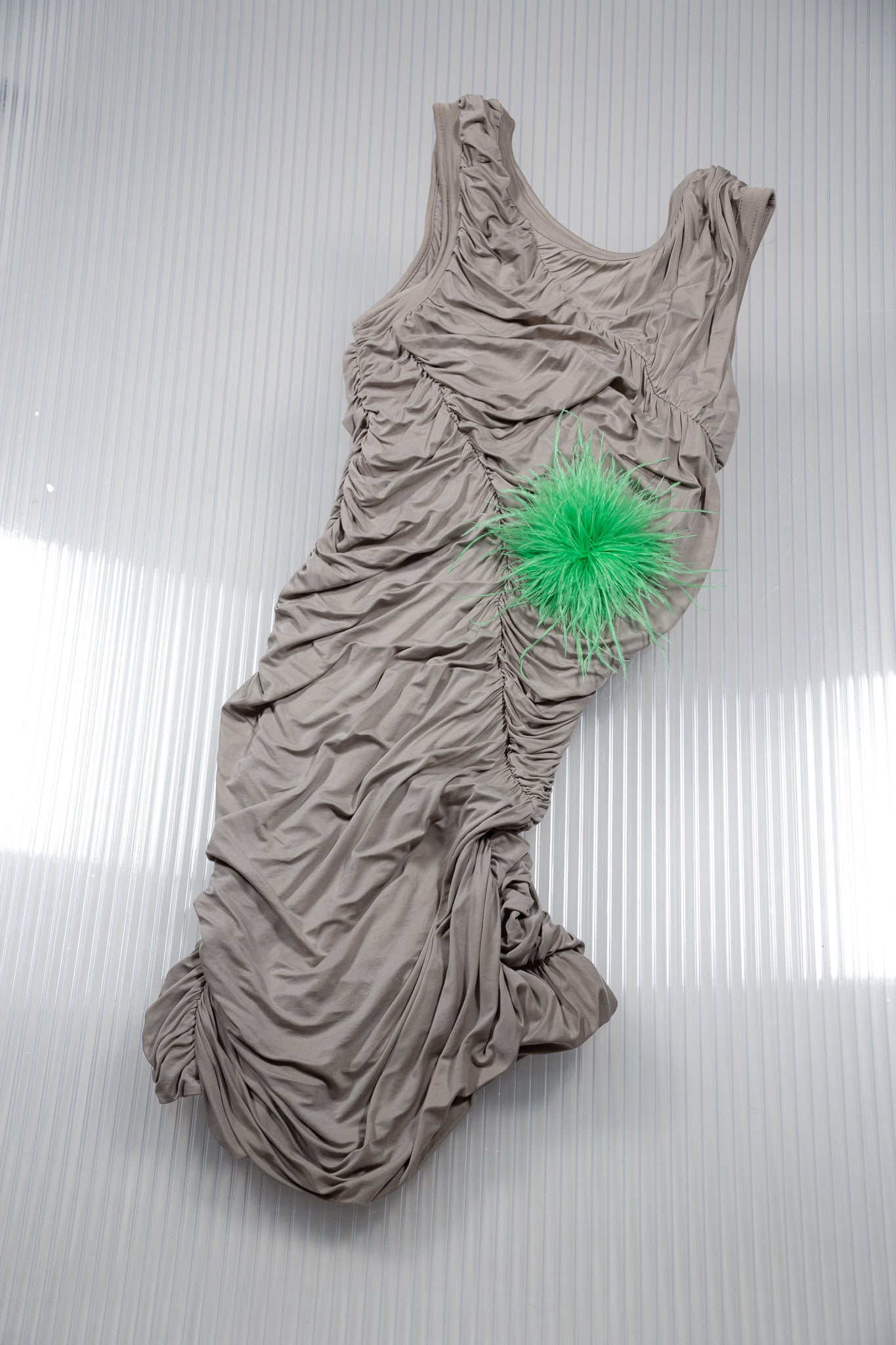 RUCHED LIGHT GREY SCULPTURAL DRESS