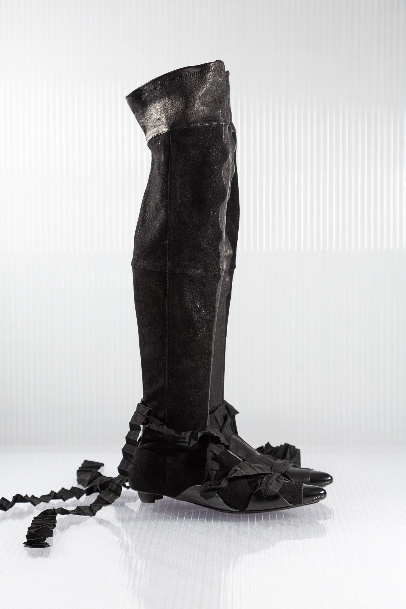 MF+G PLEATED LACED LEATHER HIGH KNEE BOOTS