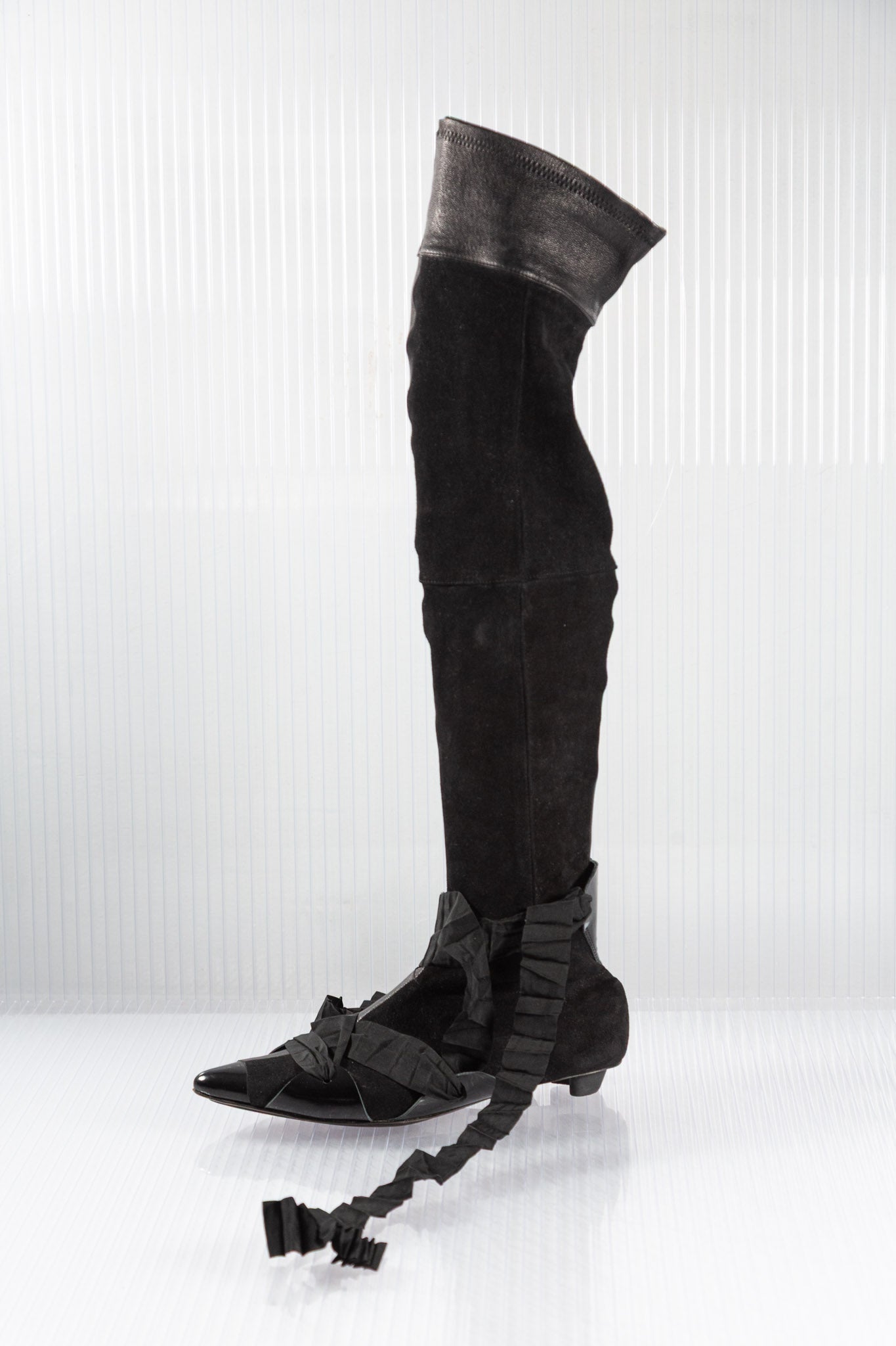 MF+G PLEATED LACED LEATHER HIGH KNEE BOOTS