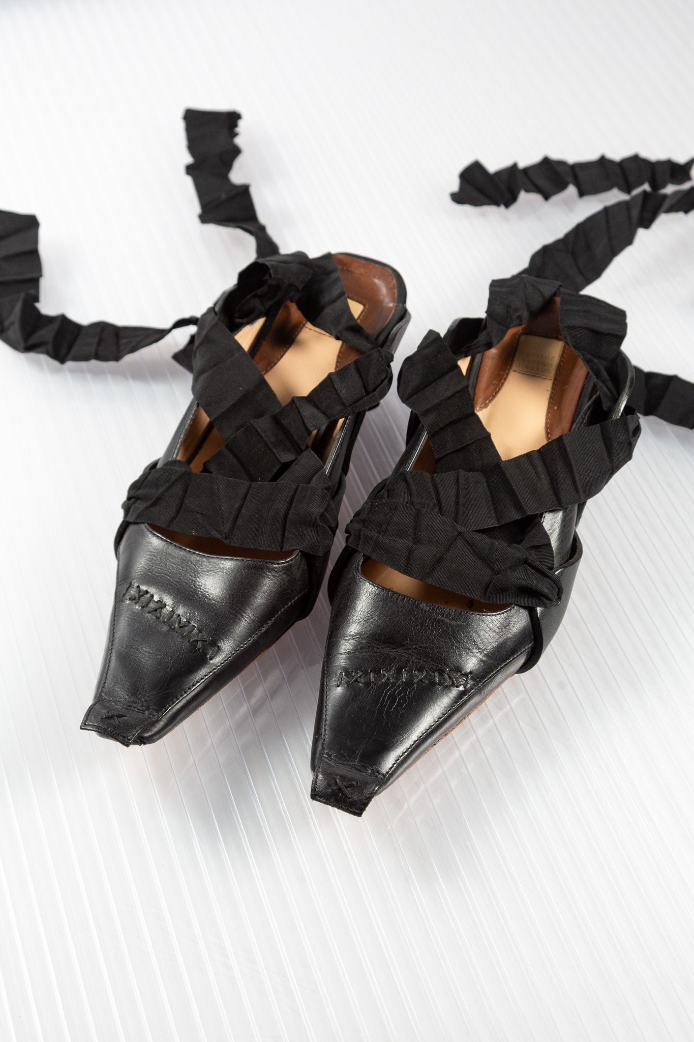MF+G PLEATED LACED LEATHER POINTY HEELS