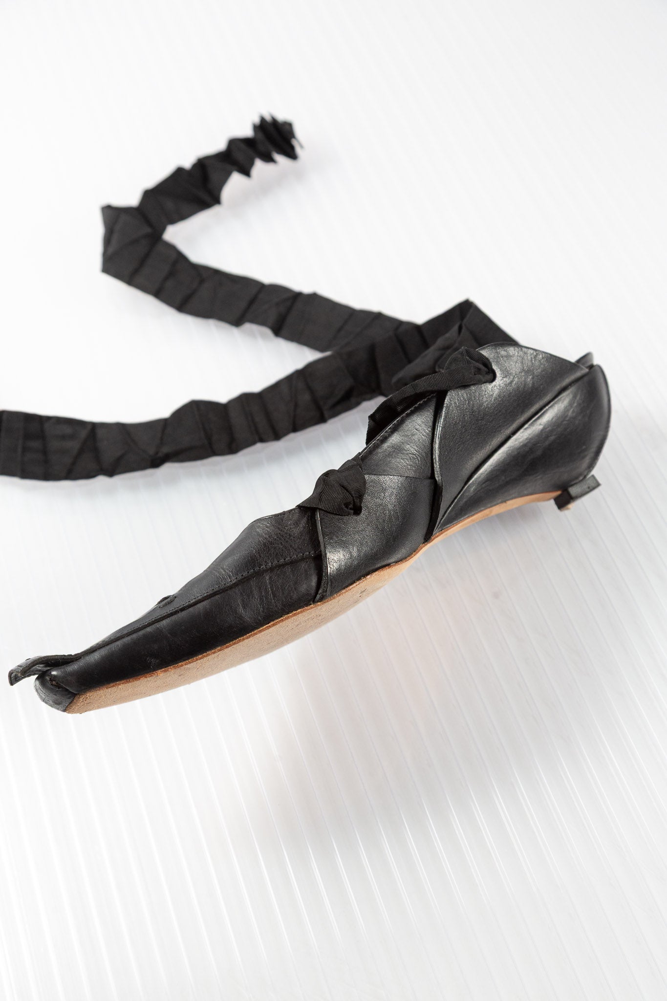 MF+G PLEATED LACED LEATHER POINTY HEELS