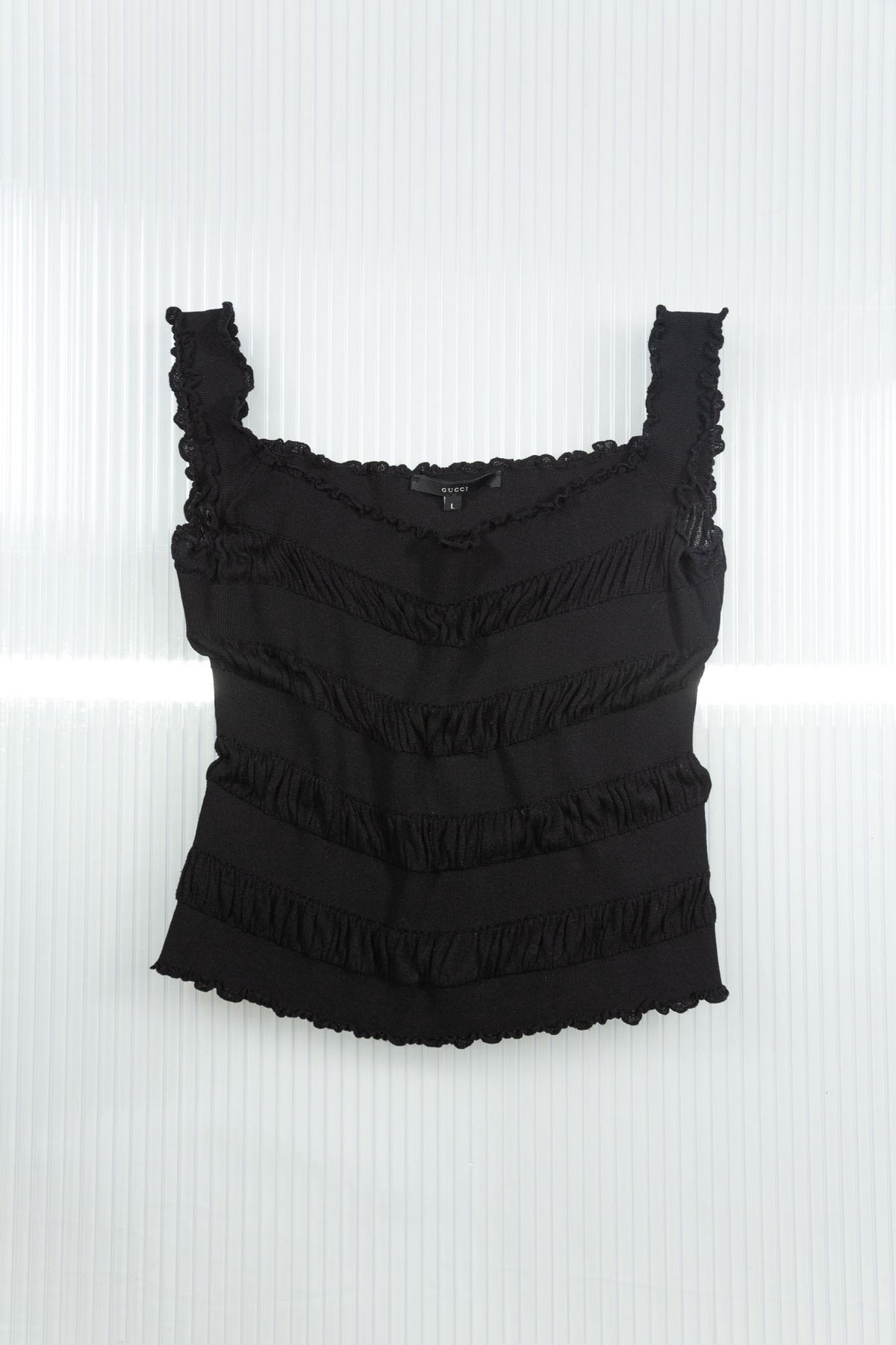 GUCCI TOM FORD BLACK SILK RUFFLED CAMISOLE