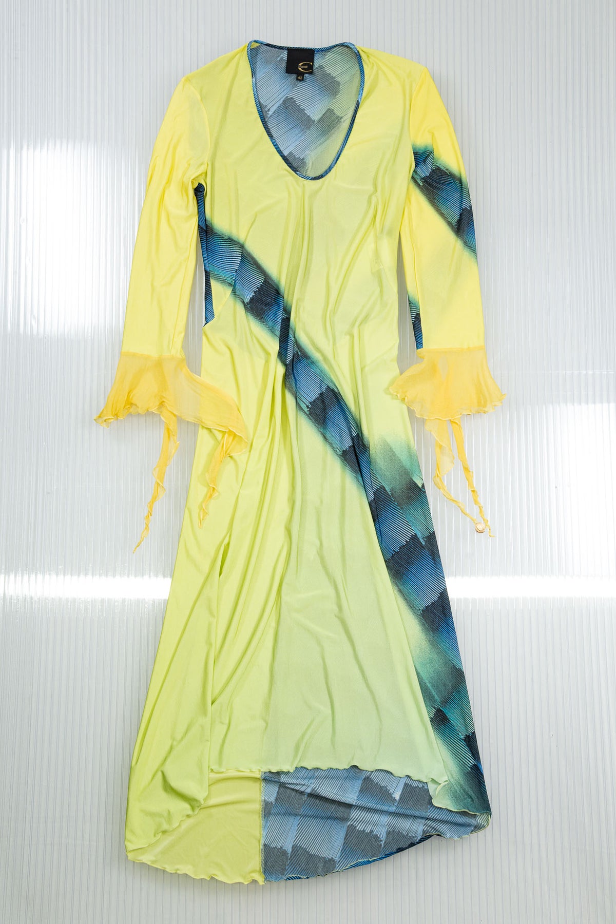 ROBERTO CAVALLI LIME ASYMMETRIC MESH MIDI DRESS