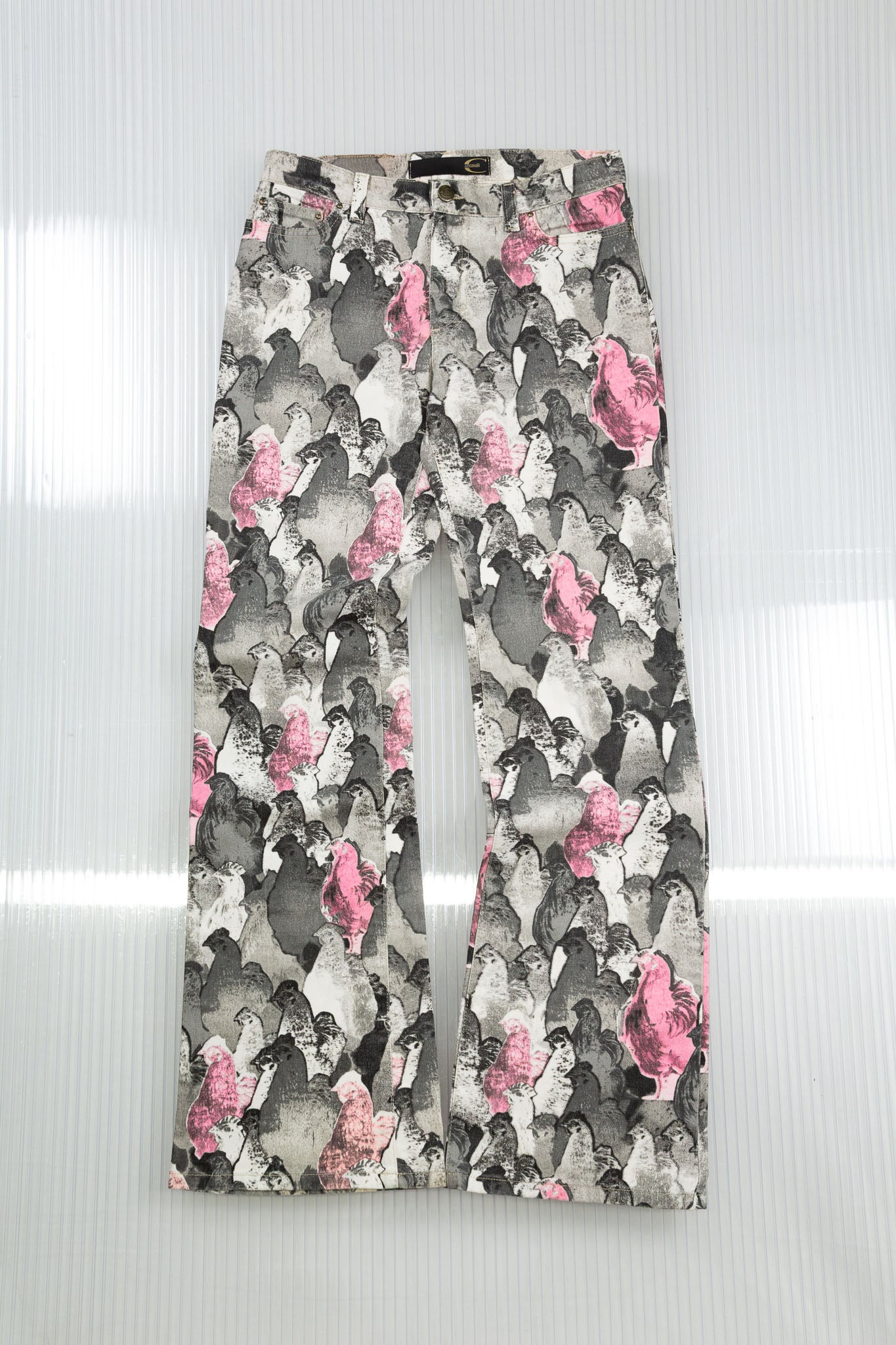 ROBERTO CAVALLI PINK & GREY ROOSTER PRINT FLARED DENIM