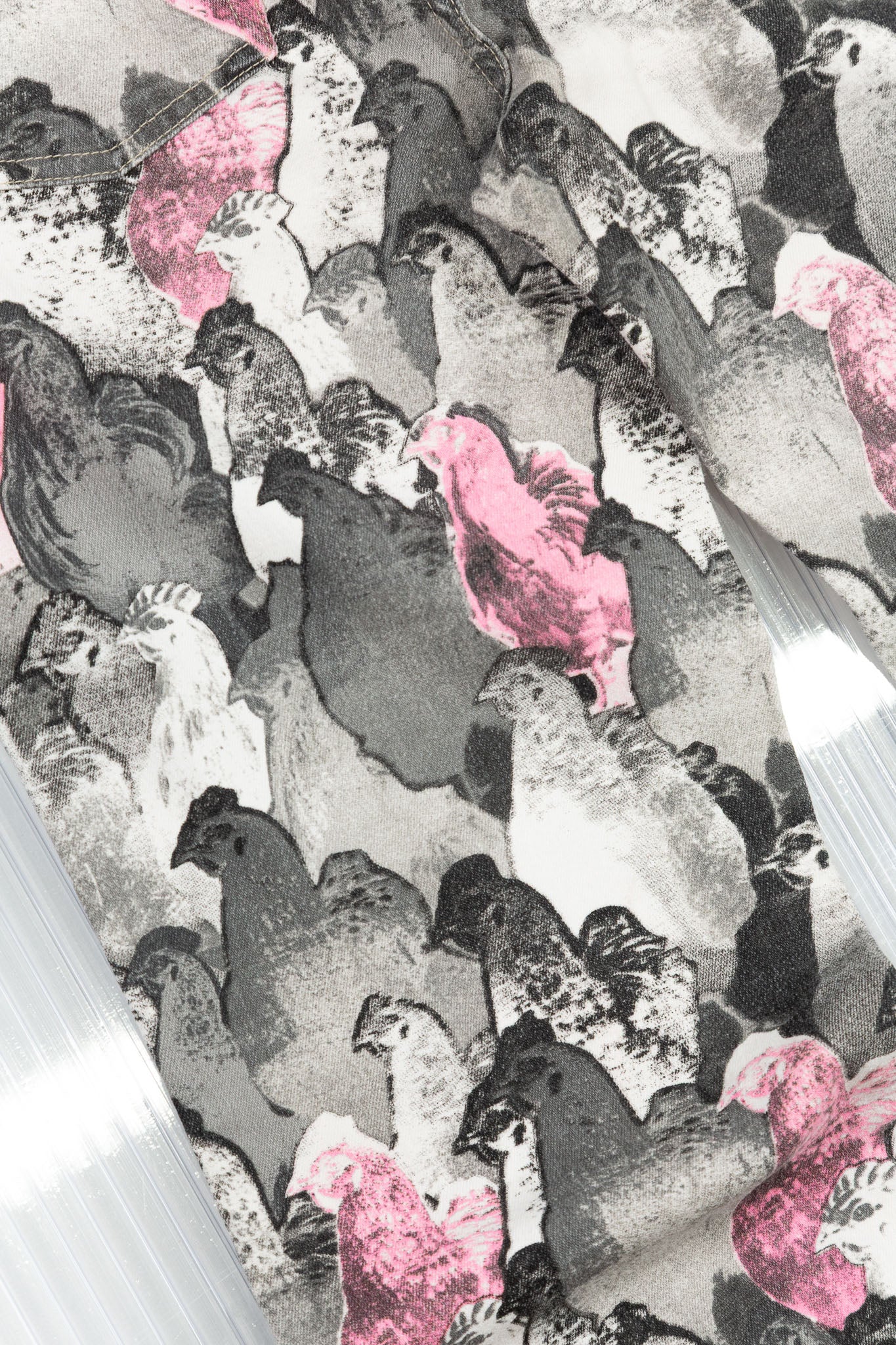 ROBERTO CAVALLI PINK & GREY ROOSTER PRINT FLARED DENIM