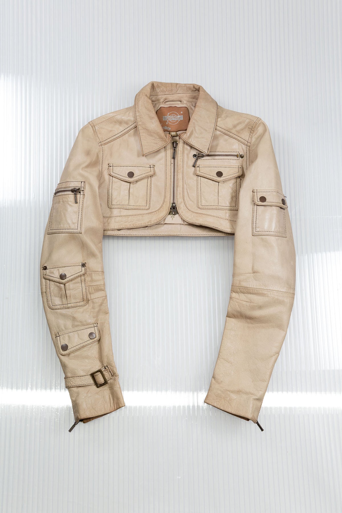 SAND LEATHER CROPPED UTILITY JACKET