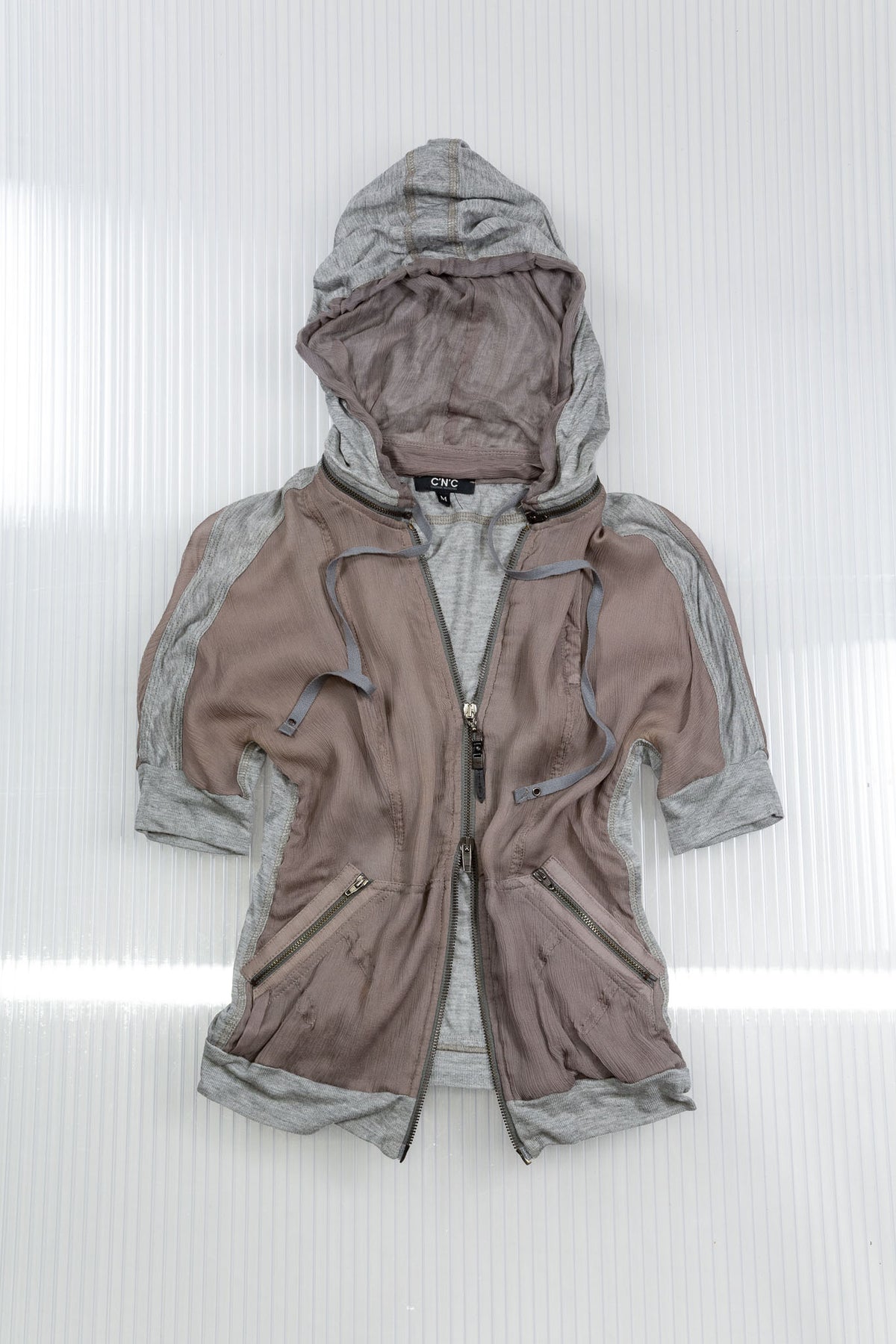 BROWN SHEER SILK ZIPPED HOODED TOP