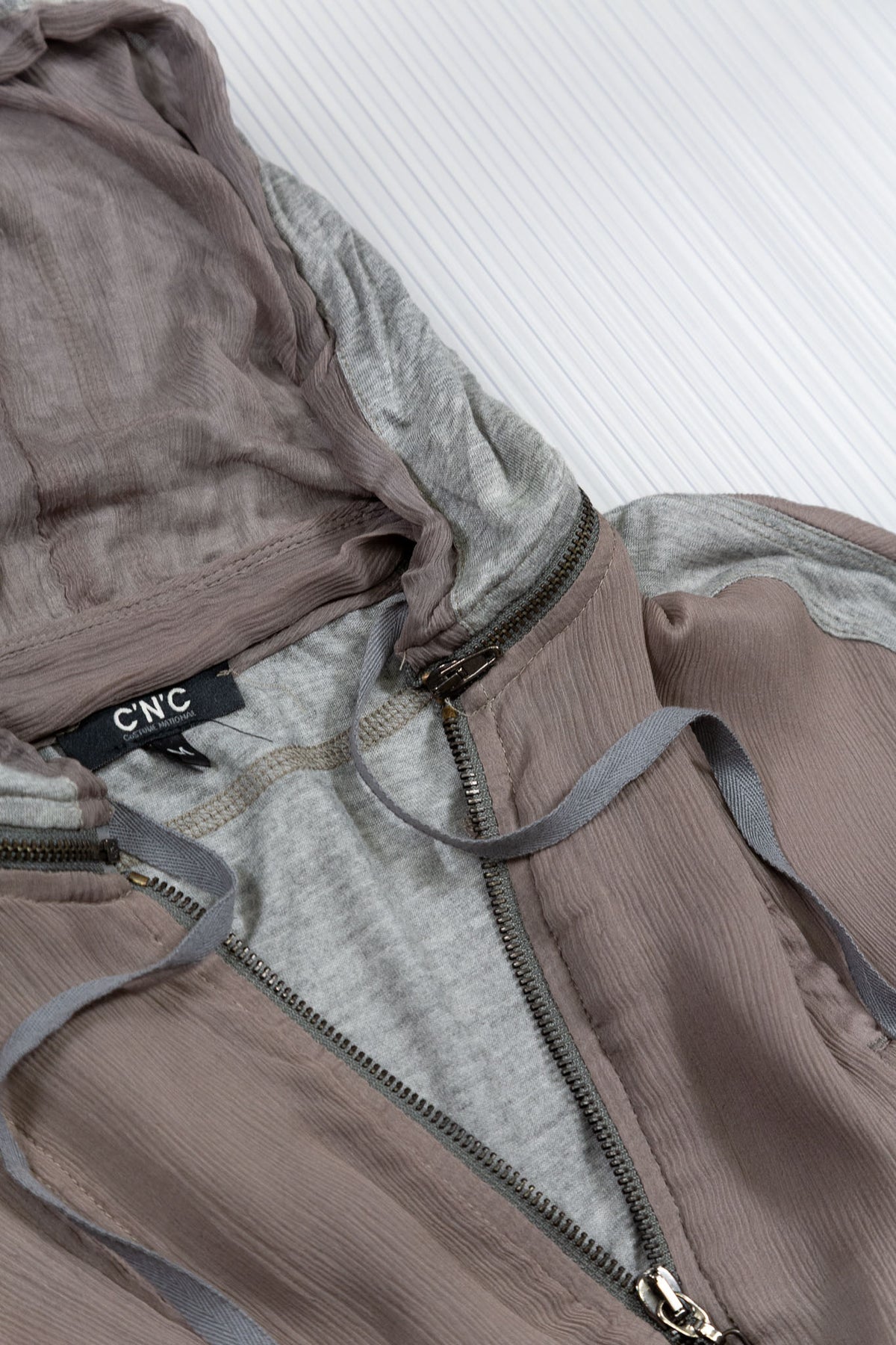 BROWN SHEER SILK ZIPPED HOODED TOP