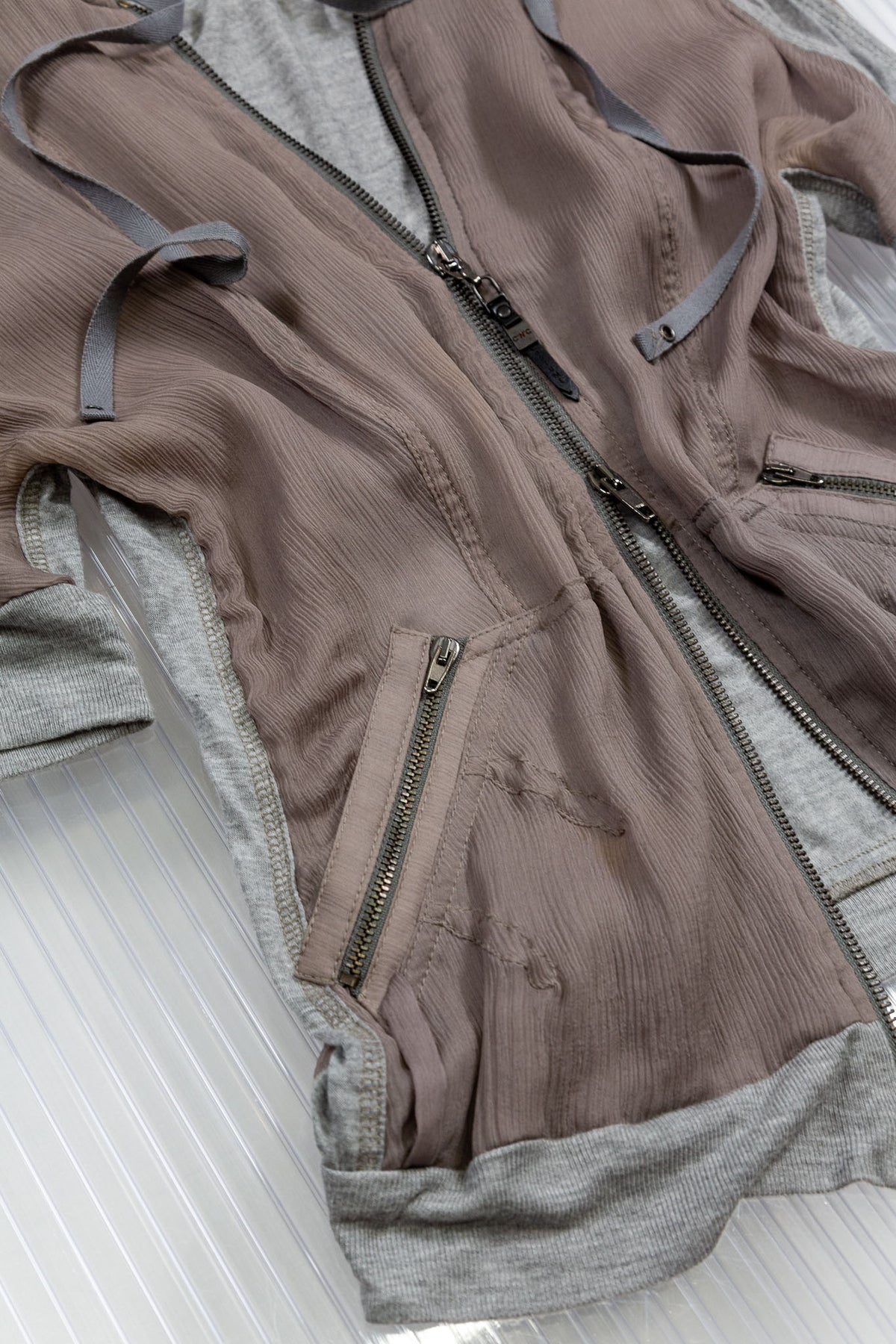 BROWN SHEER SILK ZIPPED HOODED TOP