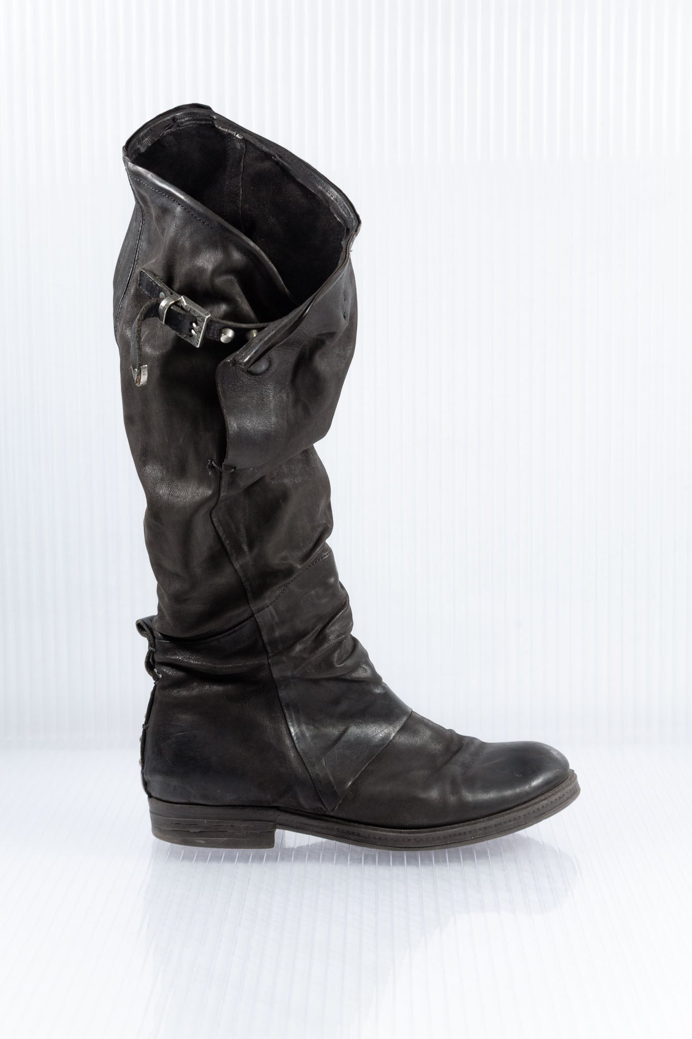 BLACK SLOUCHY LEATHER KNEE-HIGH BOOTS