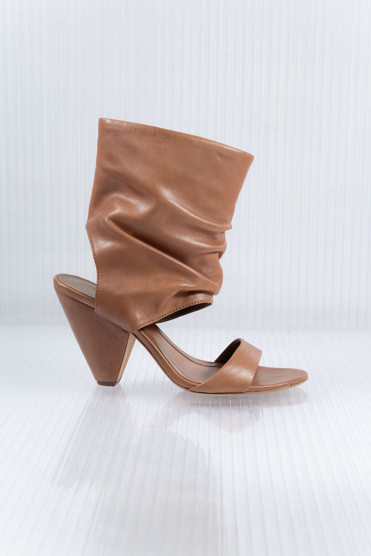 COGNAC LEATHER OPEN BOOTIE HEELS