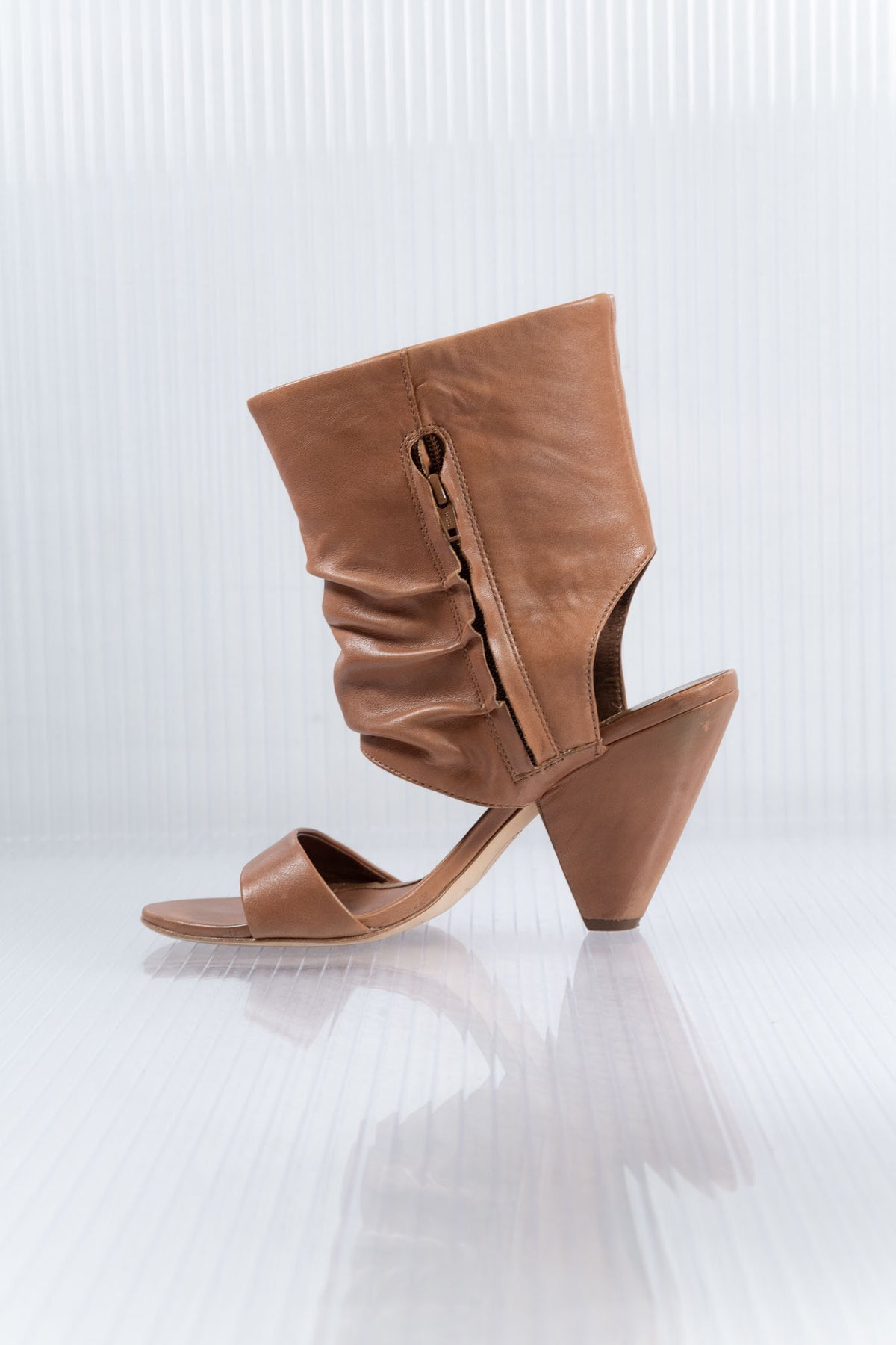 COGNAC LEATHER OPEN BOOTIE HEELS