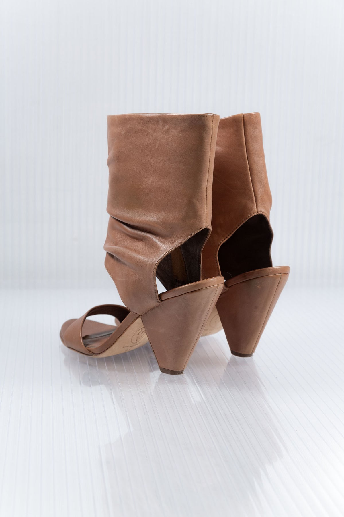 COGNAC LEATHER OPEN BOOTIE HEELS