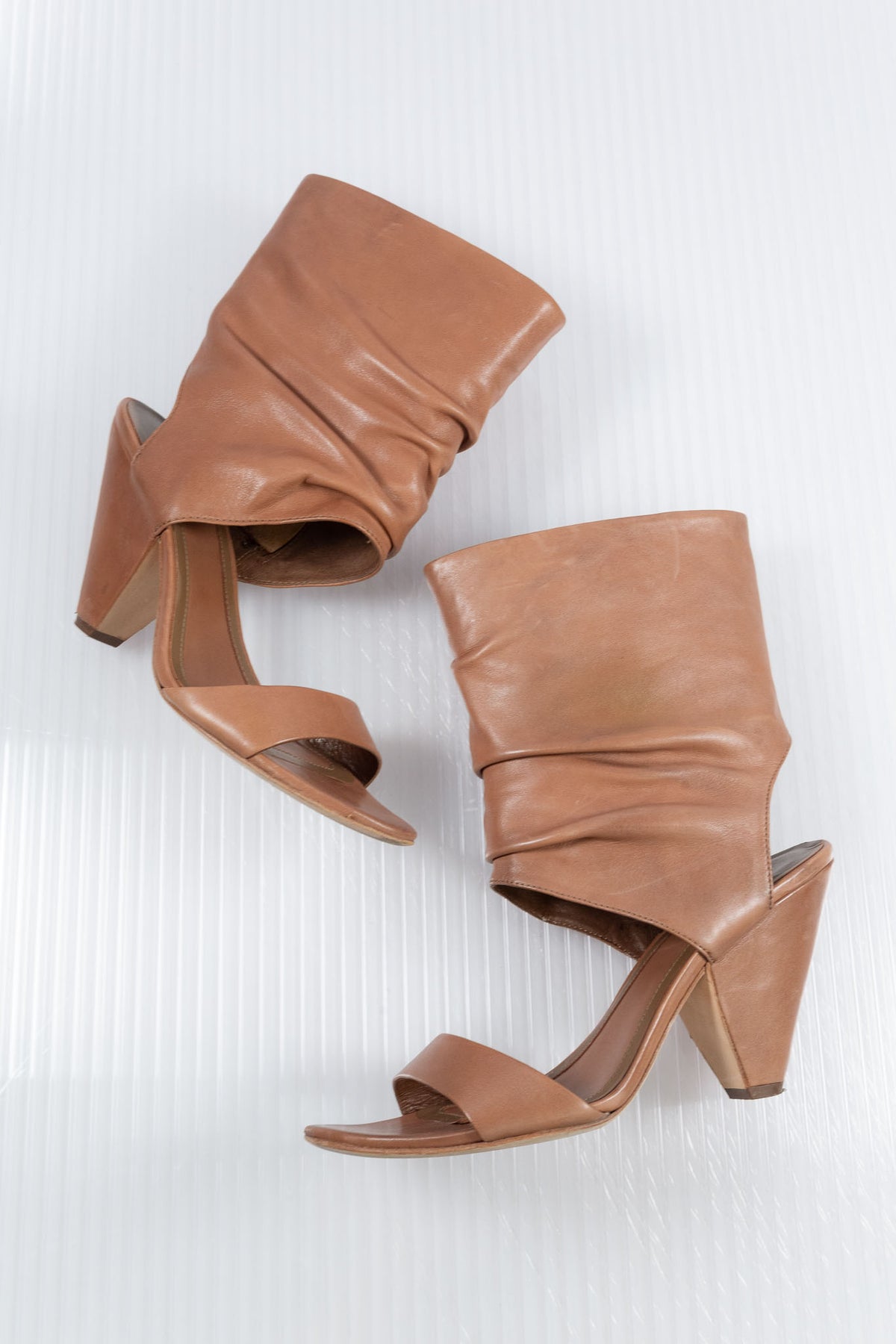 COGNAC LEATHER OPEN BOOTIE HEELS