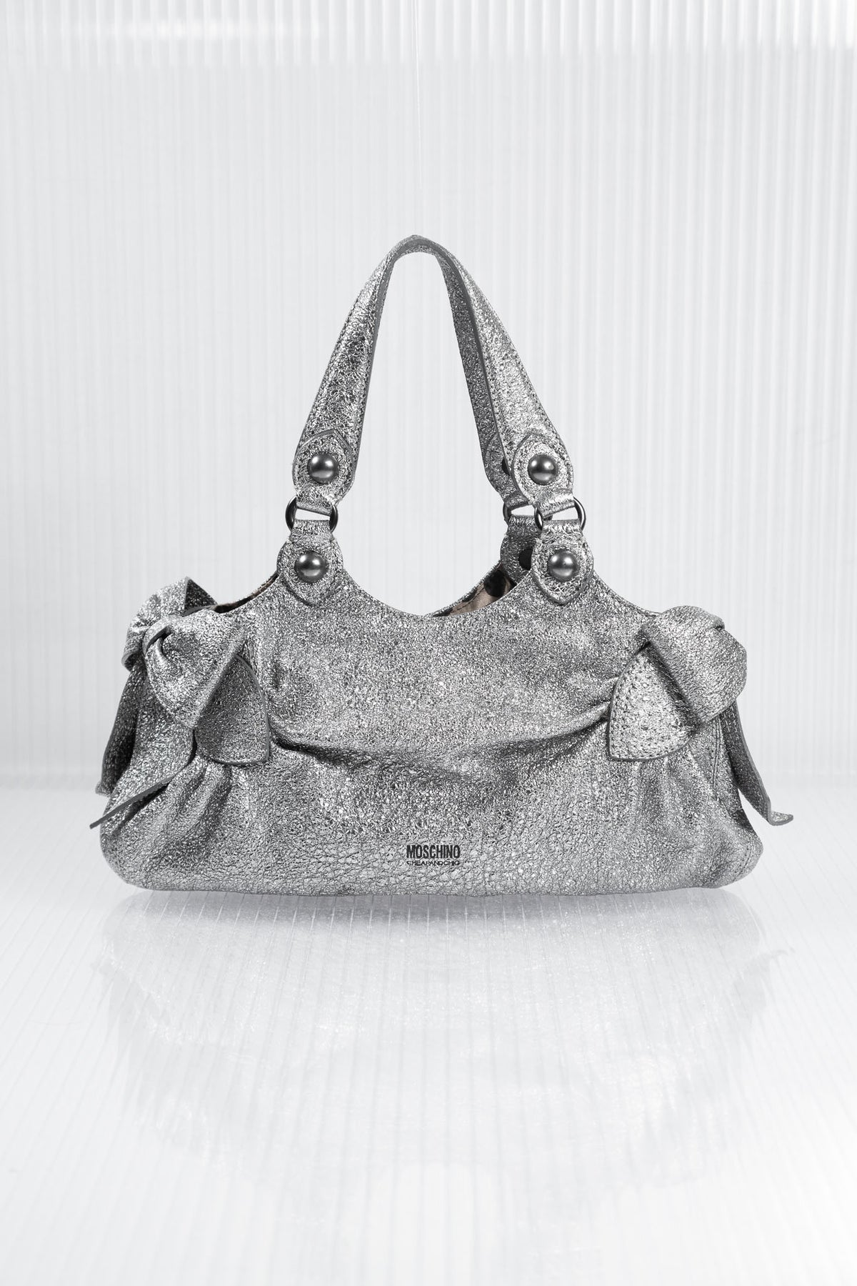 MOSCHINO SILVER METALLIC LEATHER SHOULDER BAG