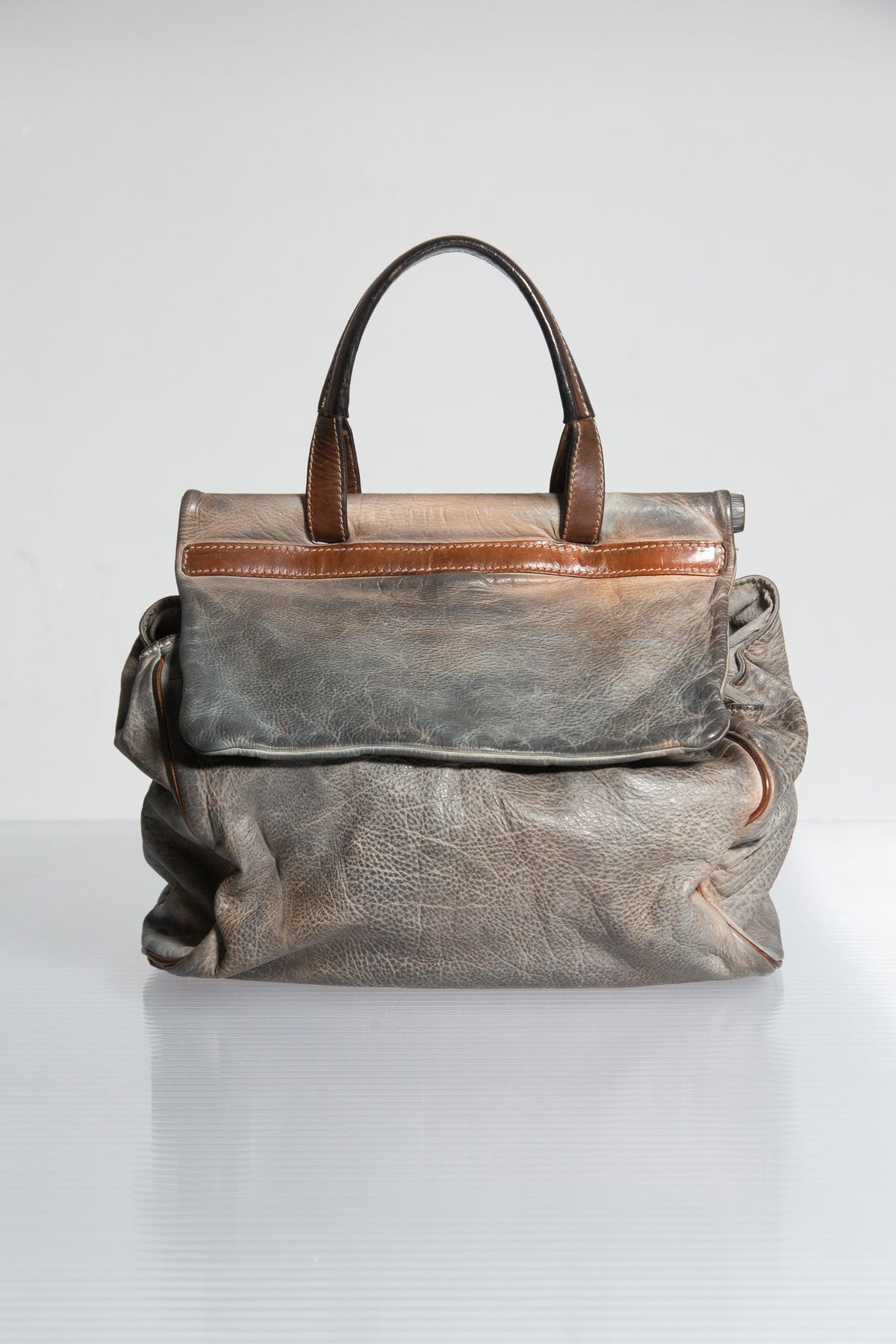 GREY & BROWN LEATHER HANDBAG WITH SHOULDER STRAP