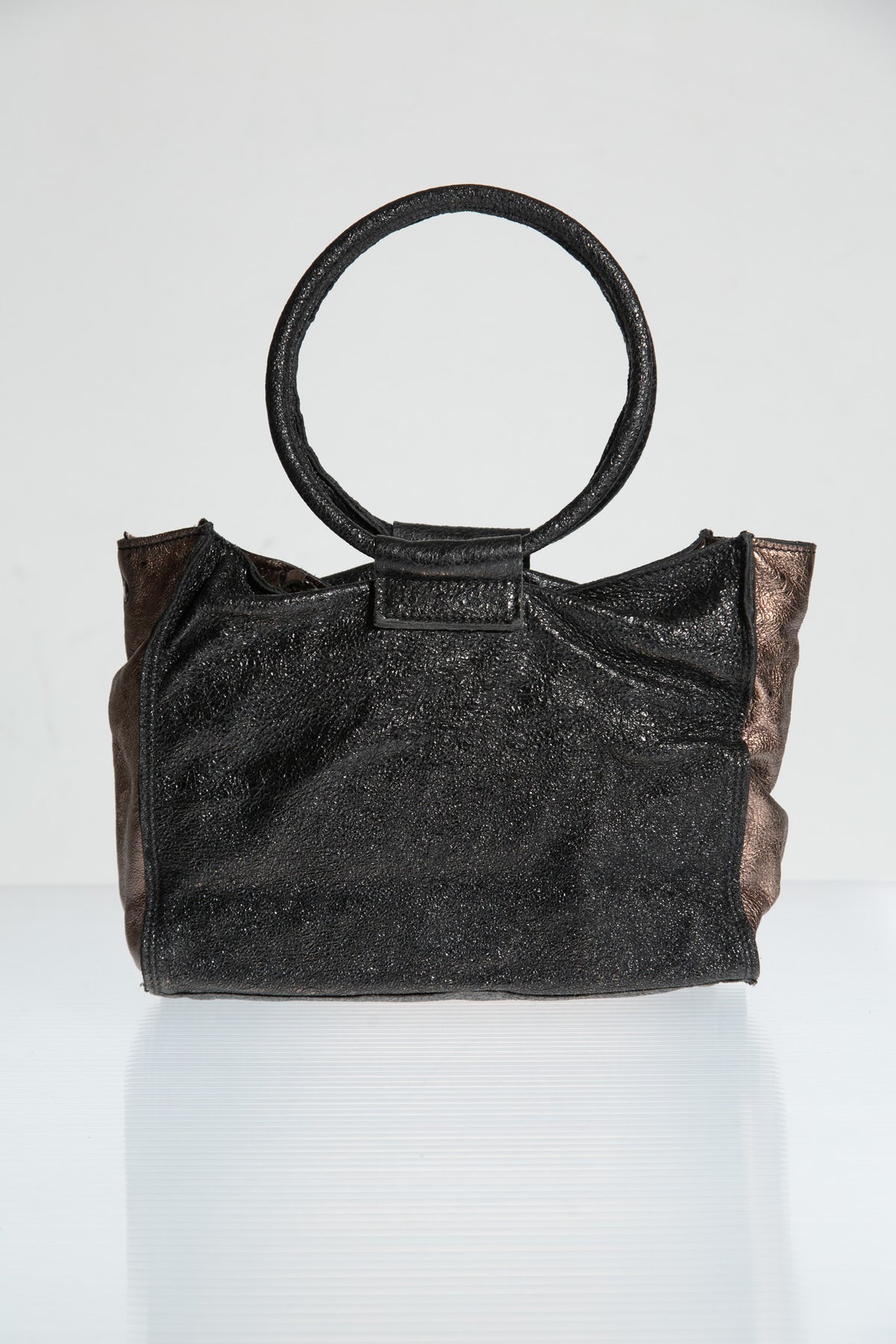 BRONZE LEATHER SCULPTURAL HANDLE BAG