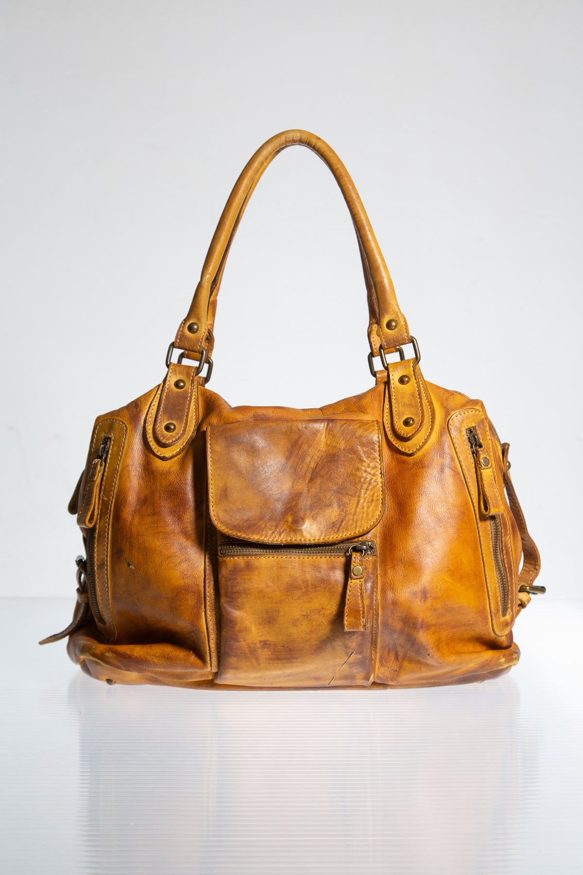 YELLOW LEATHER POCKETS TOTE BAG
