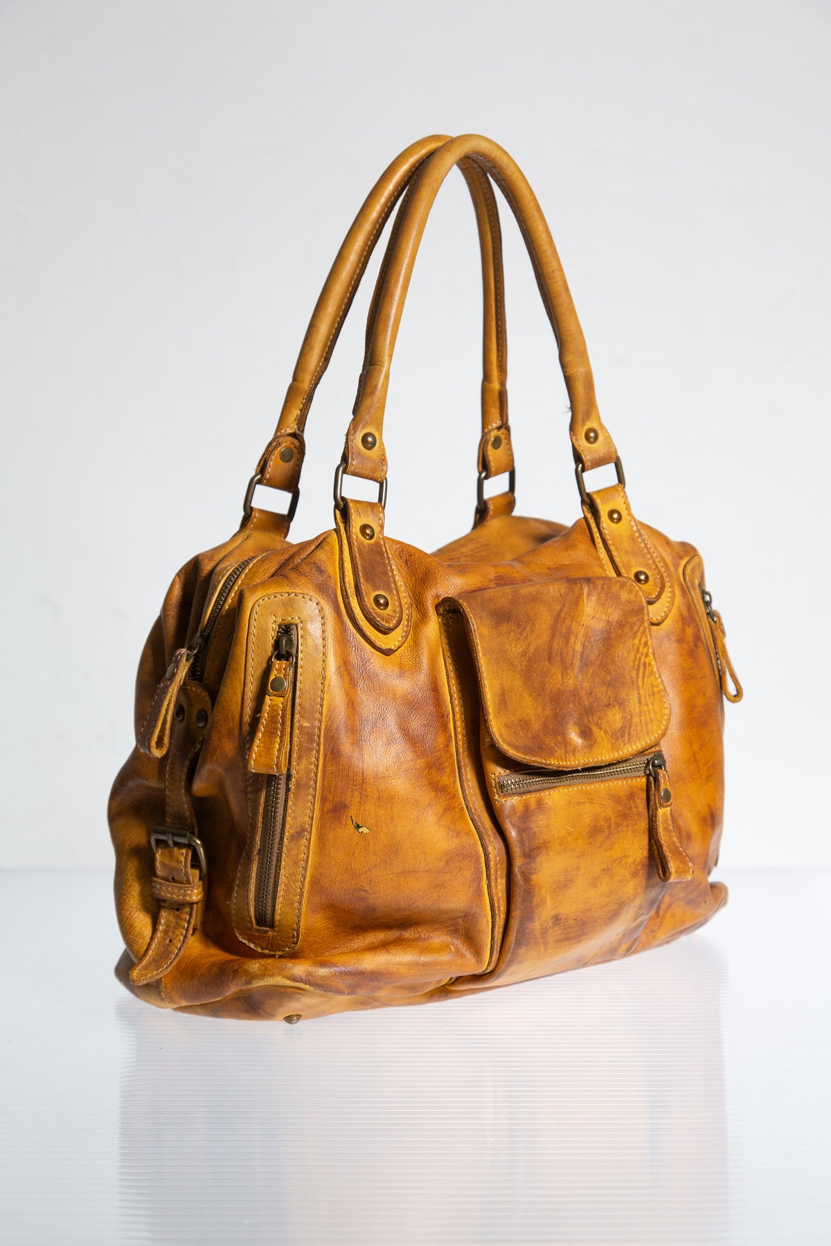 YELLOW LEATHER POCKETS TOTE BAG