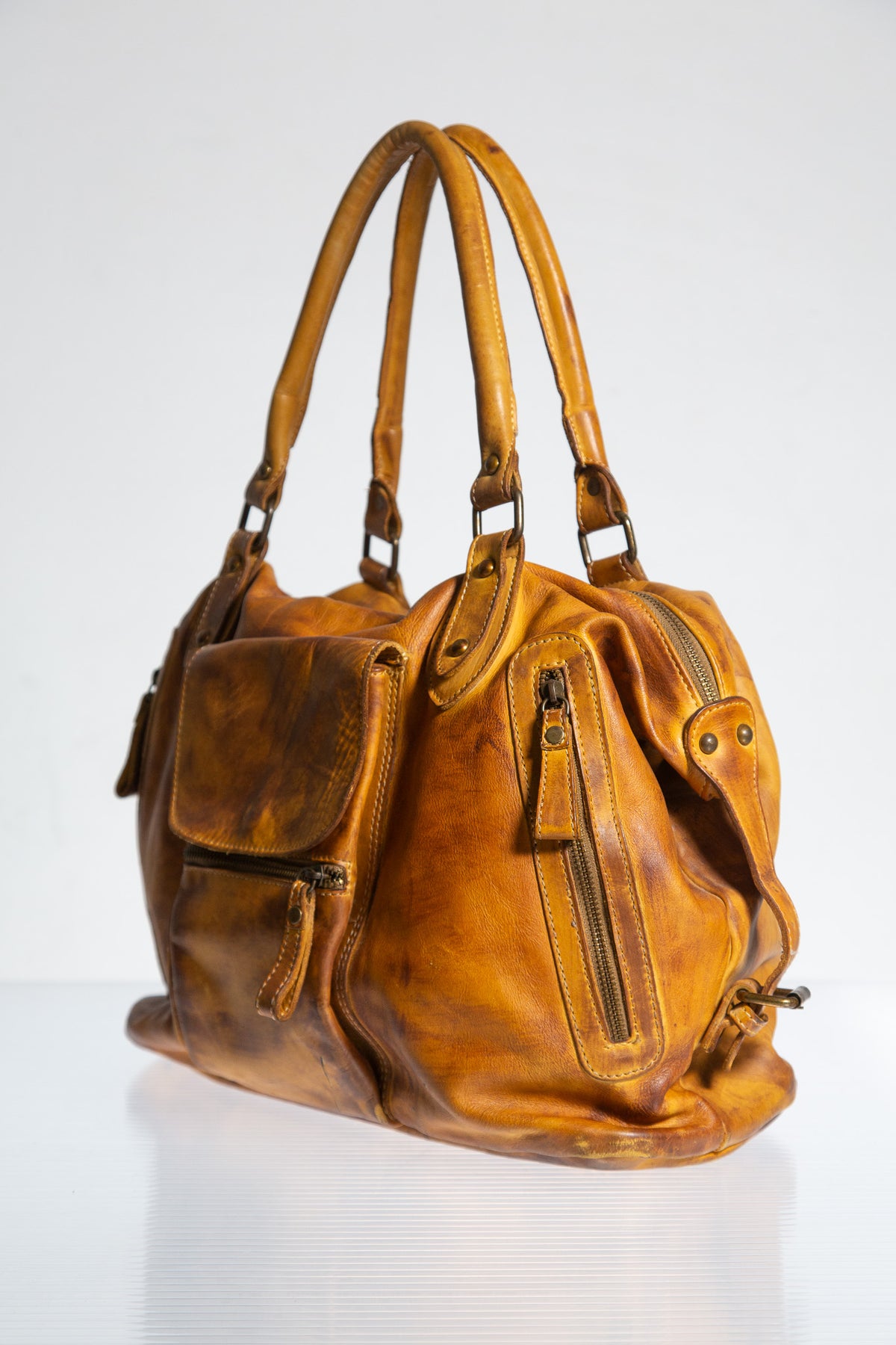 YELLOW LEATHER POCKETS TOTE BAG