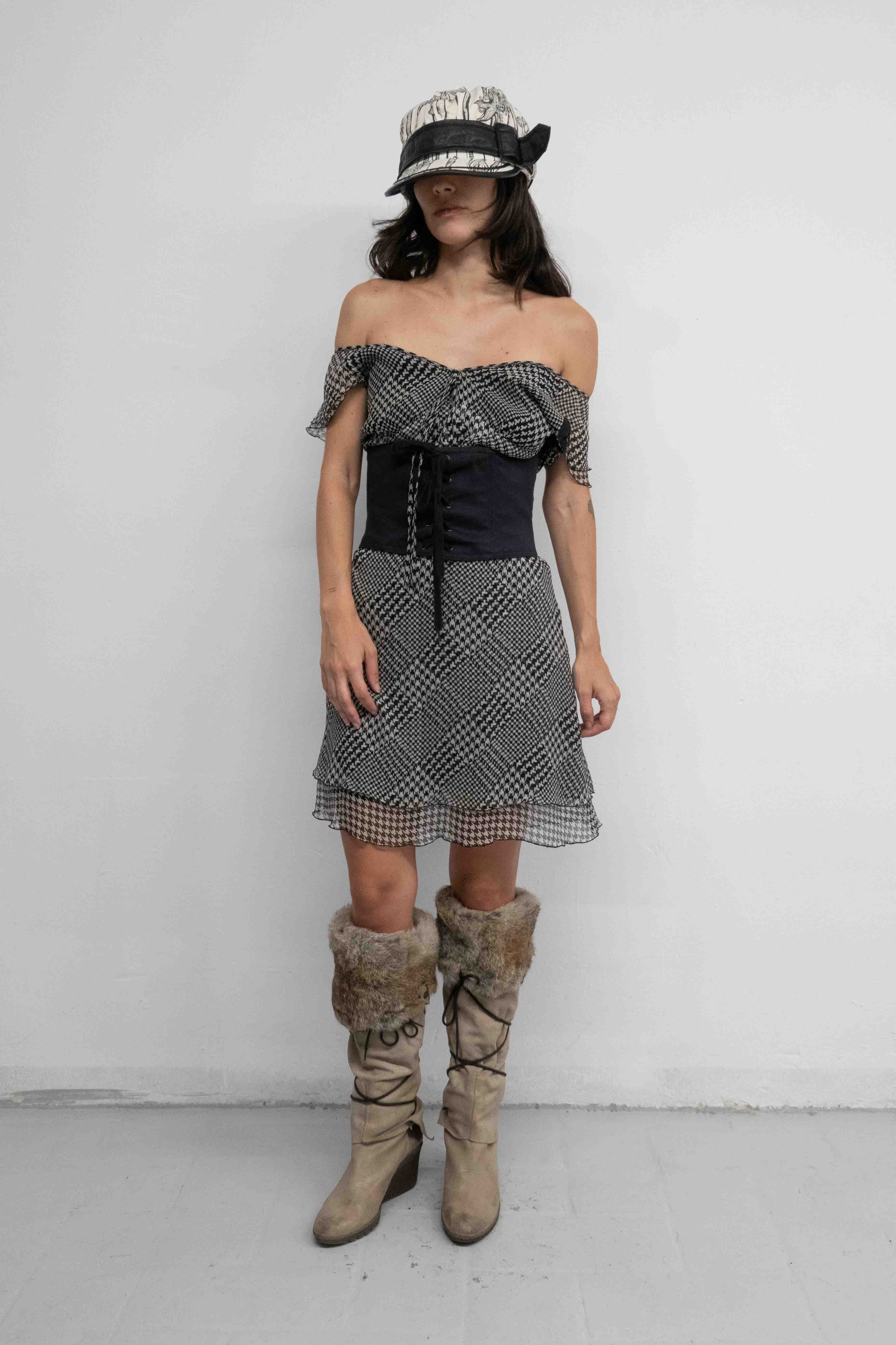 HOUNDSTOOTH PRINTED SILK DRESS