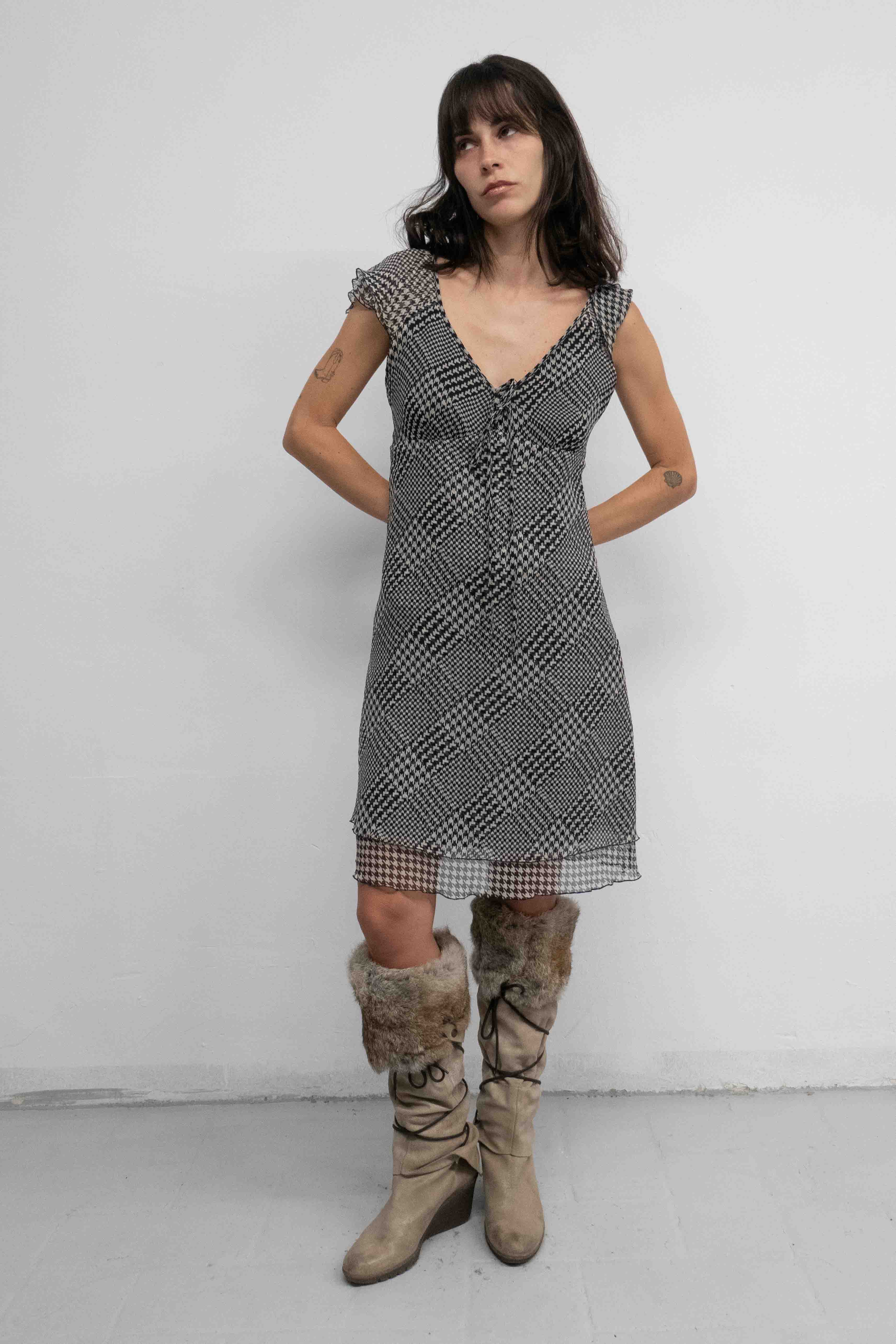 HOUNDSTOOTH PRINTED SILK DRESS