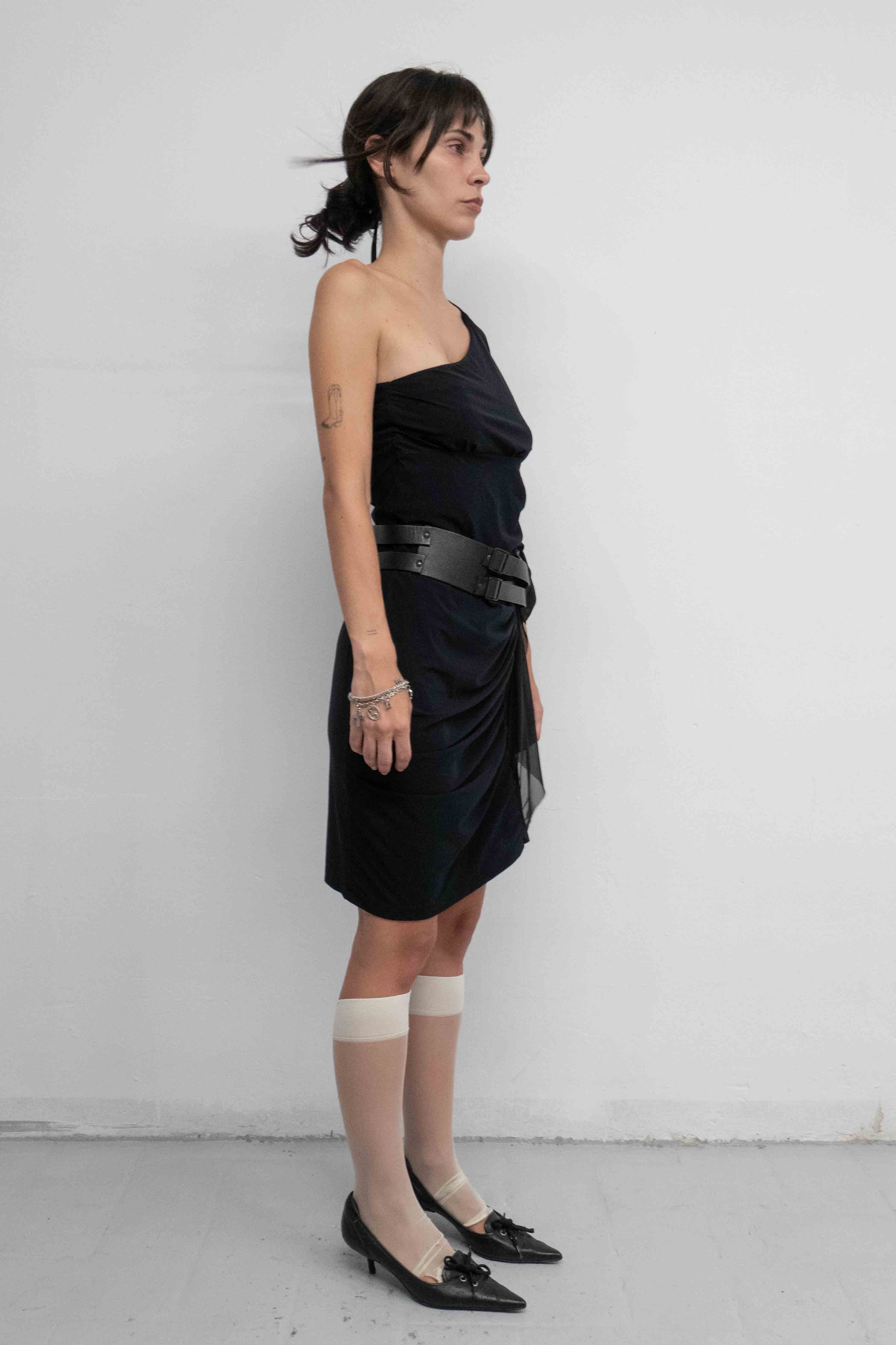 ASYMMETRIC MESH RUFFLED DRESS