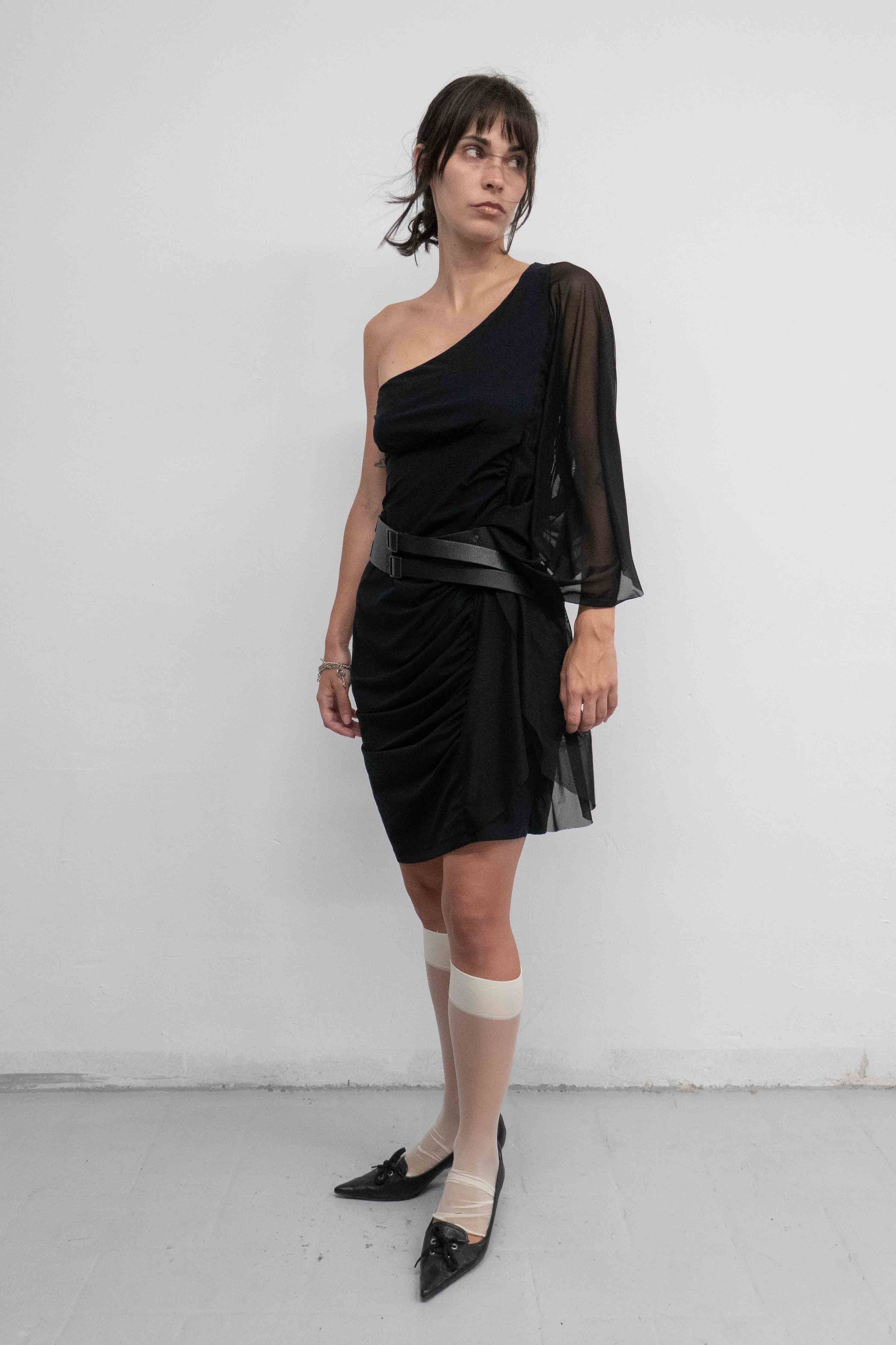 ASYMMETRIC MESH RUFFLED DRESS