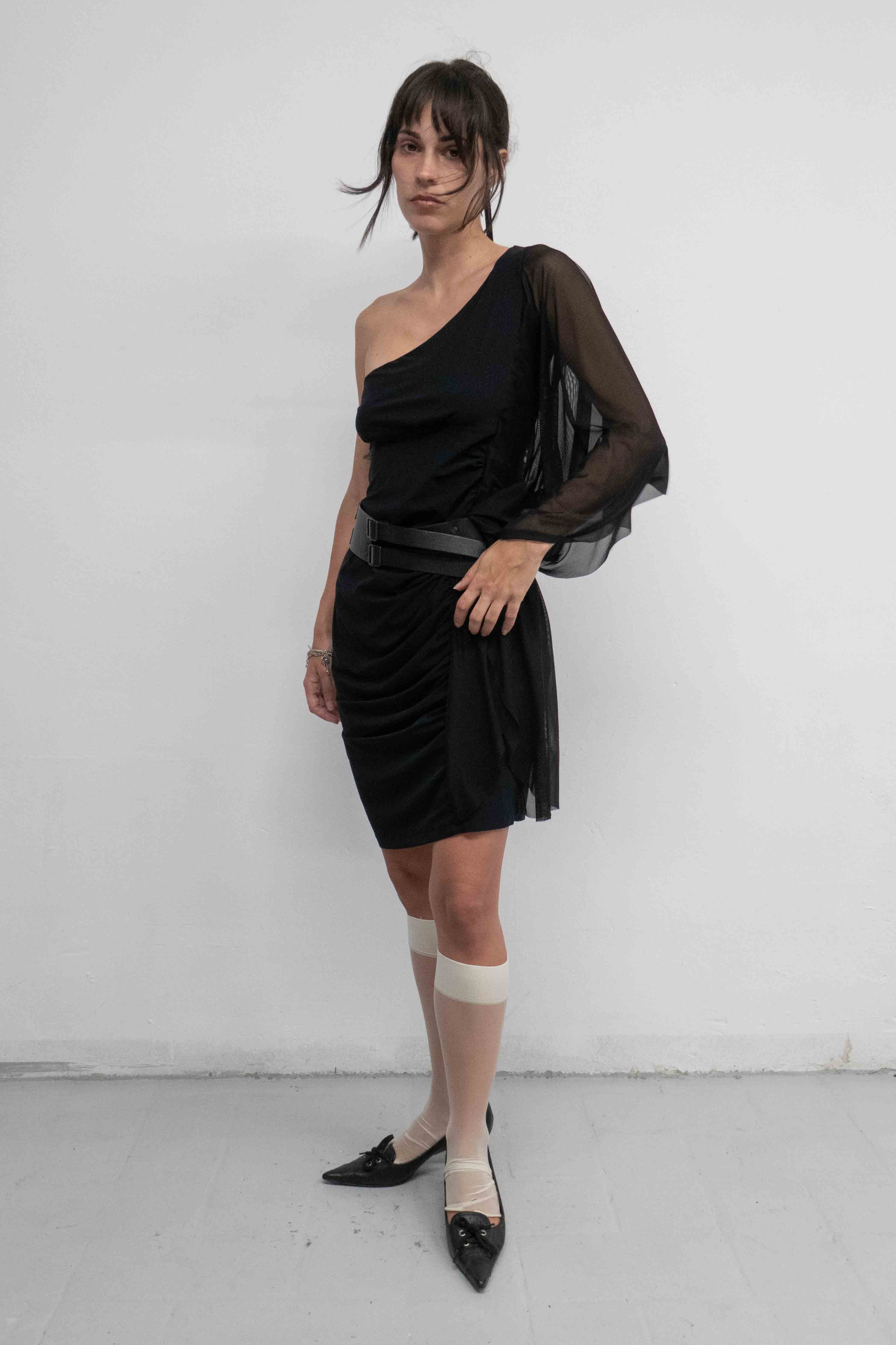 ASYMMETRIC MESH RUFFLED DRESS