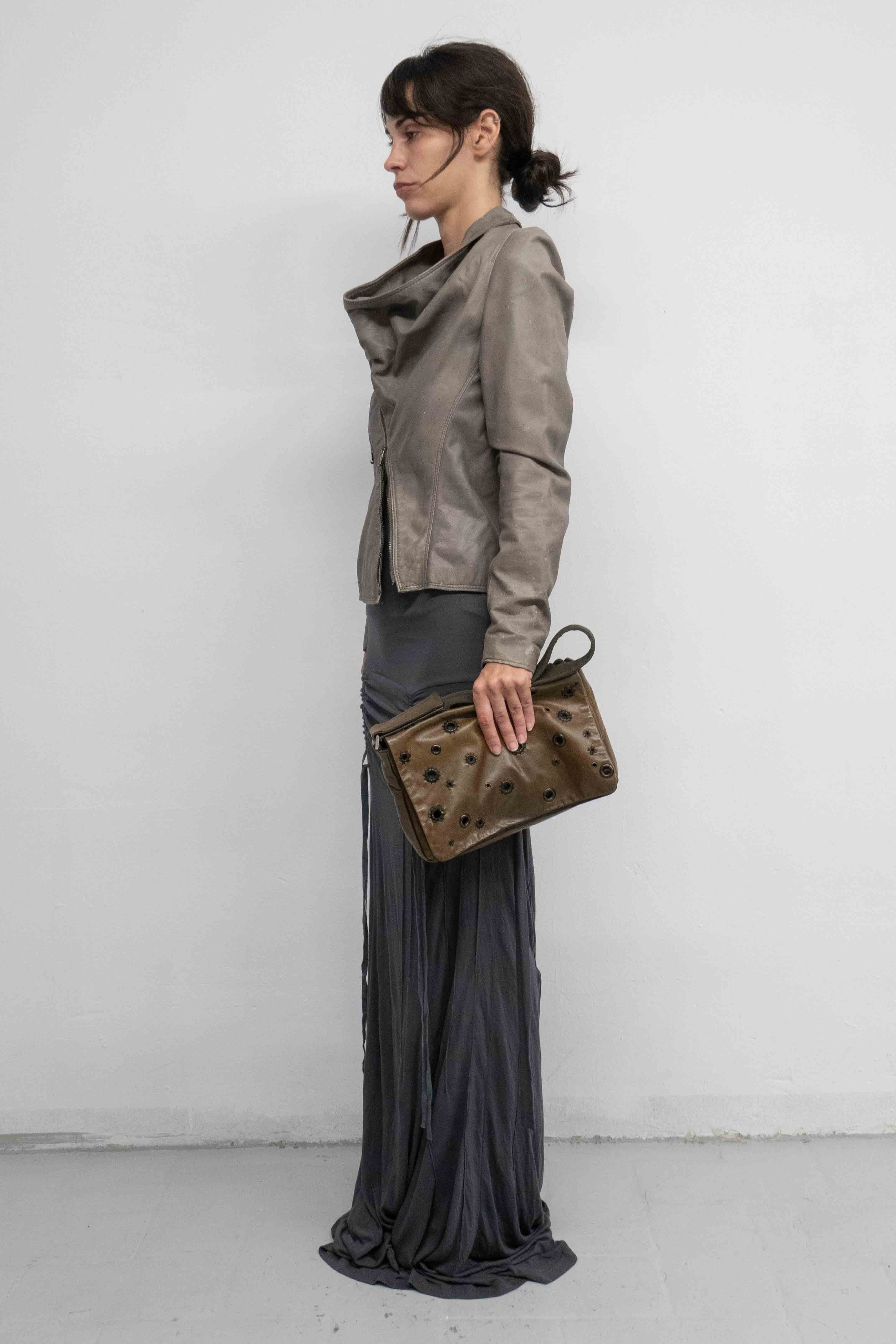 ASYMMETRIC DRAIPED LEATHER JACKET
