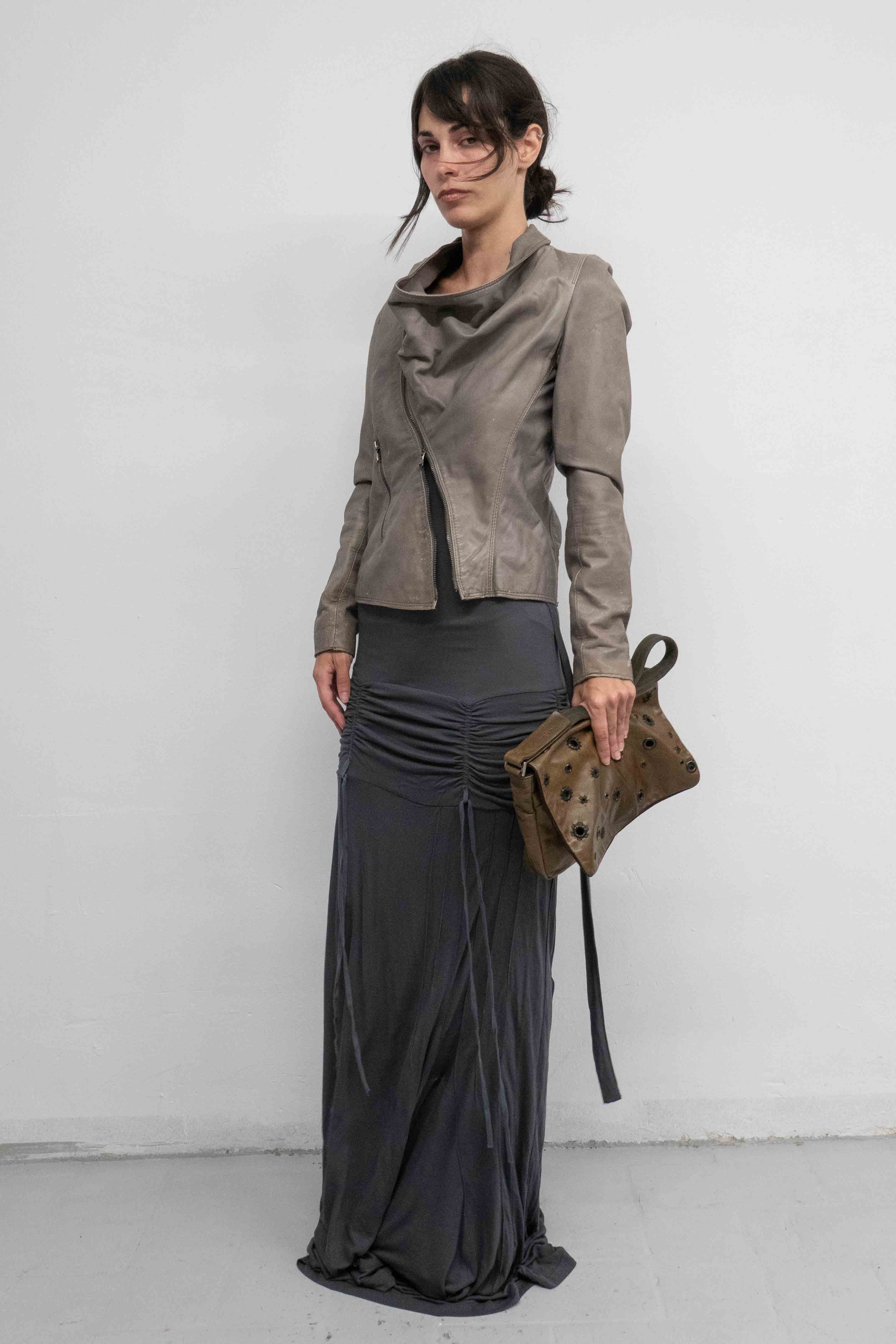 ASYMMETRIC DRAIPED LEATHER JACKET