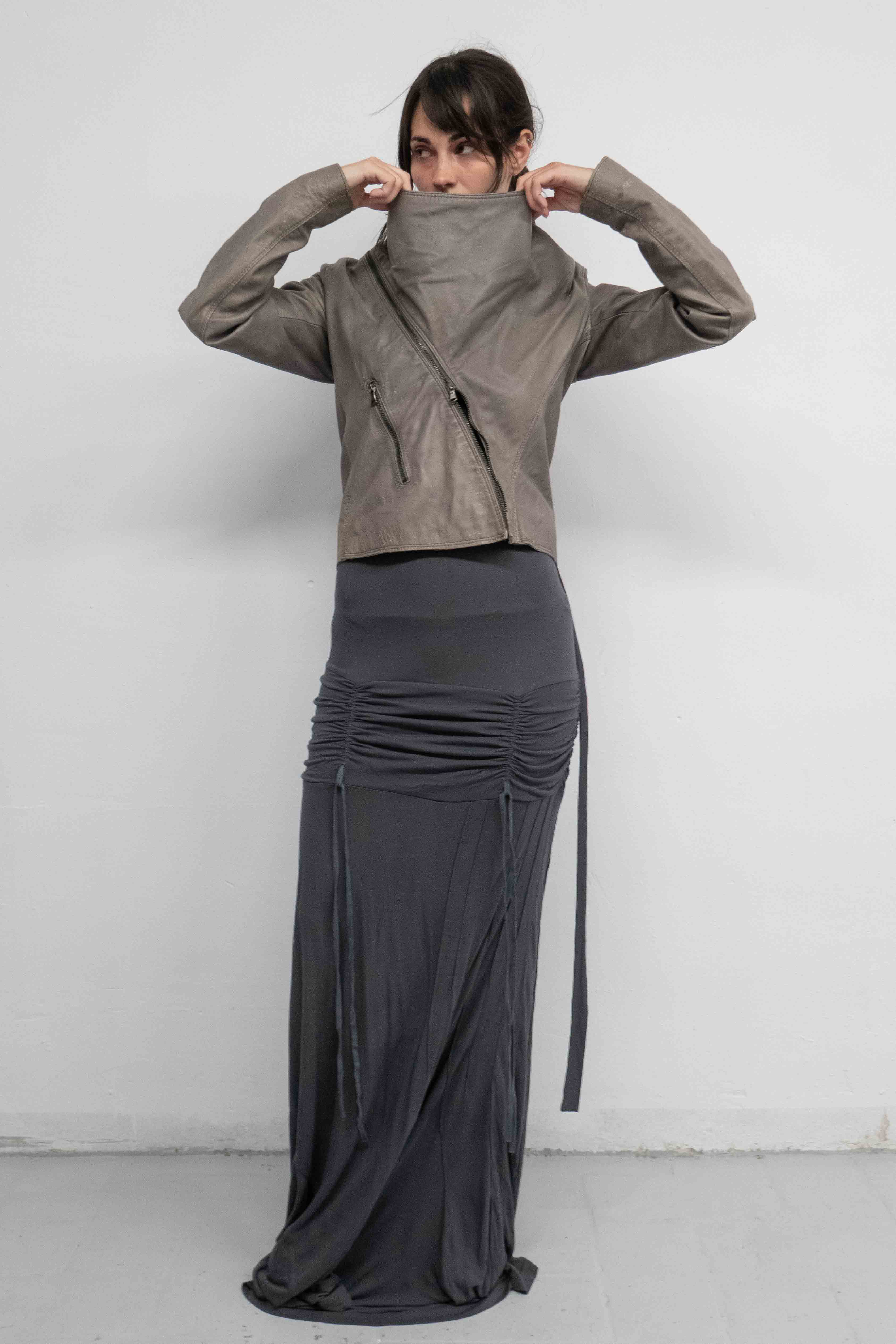 ASYMMETRIC DRAIPED LEATHER JACKET