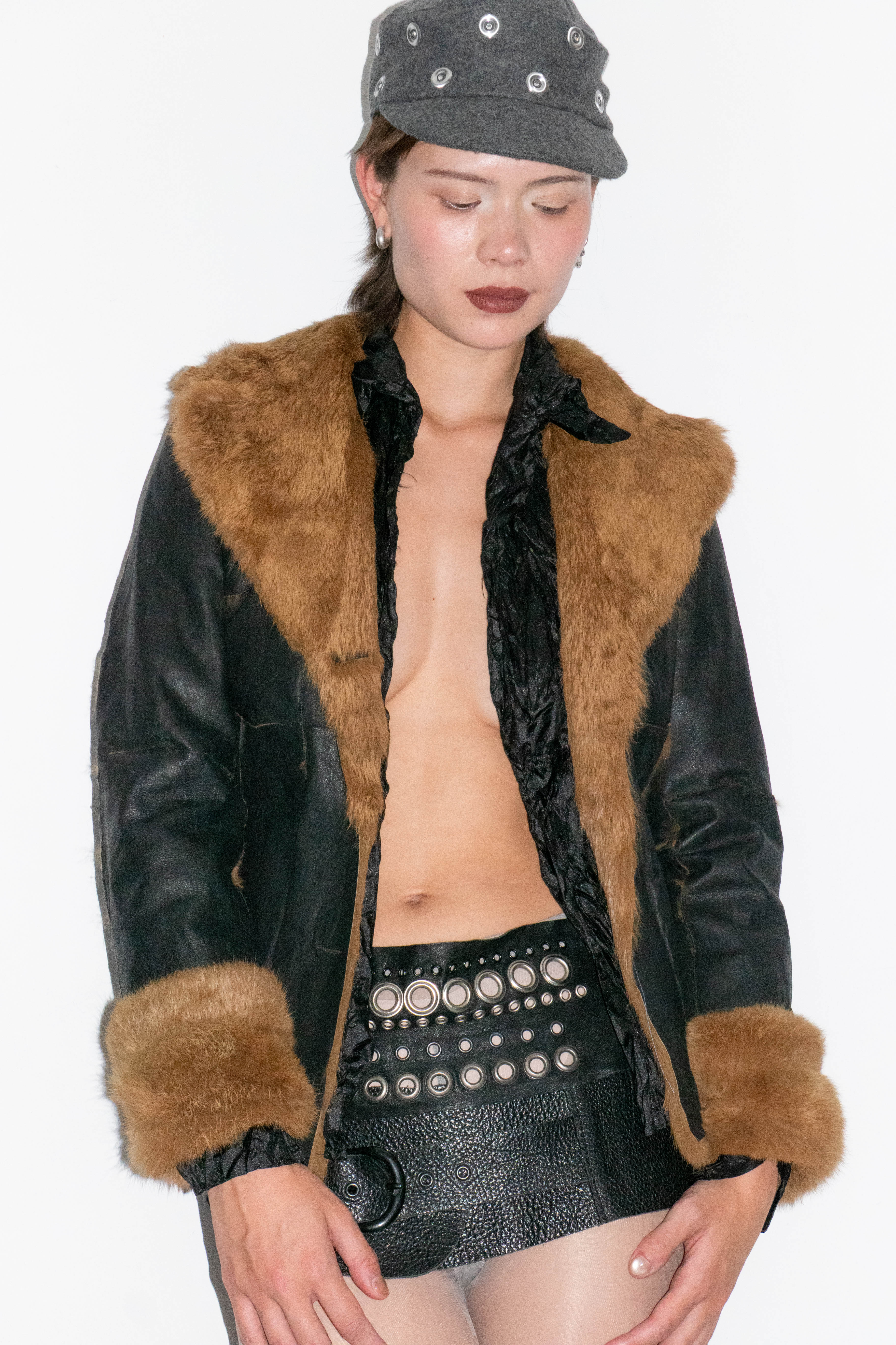 BLACK FUR PATCHED LEATHER COAT