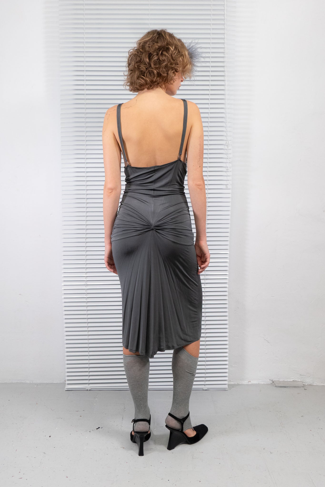 GREY RUCHED MIDI DRESS